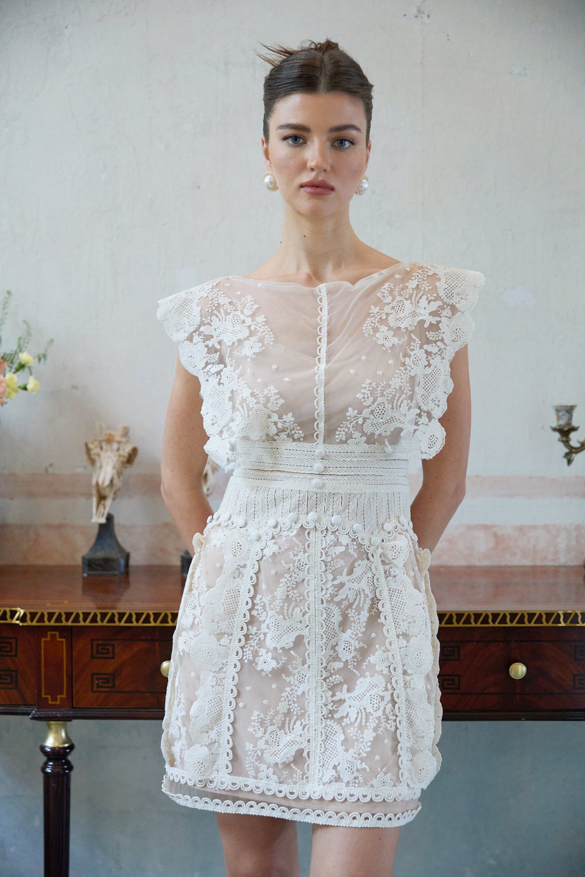 Maïa white floral-embroidered lace mini dress