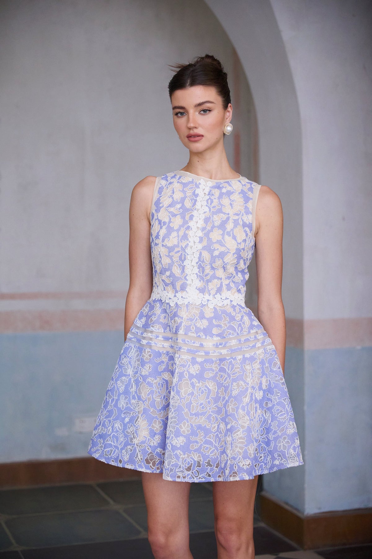 Brigitte blue crochet-lace puff mini dress