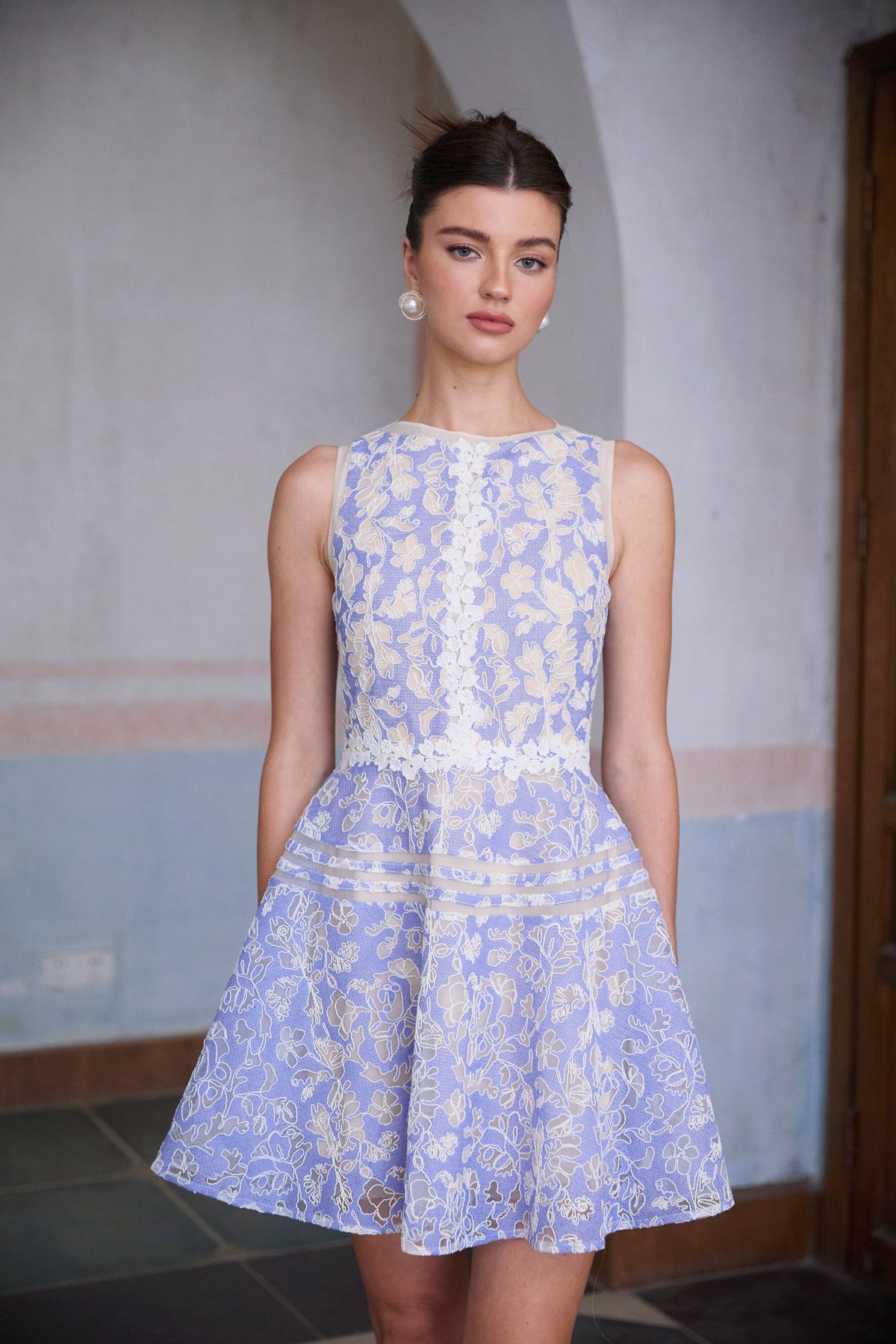 Brigitte blue crochet-lace puff mini dress