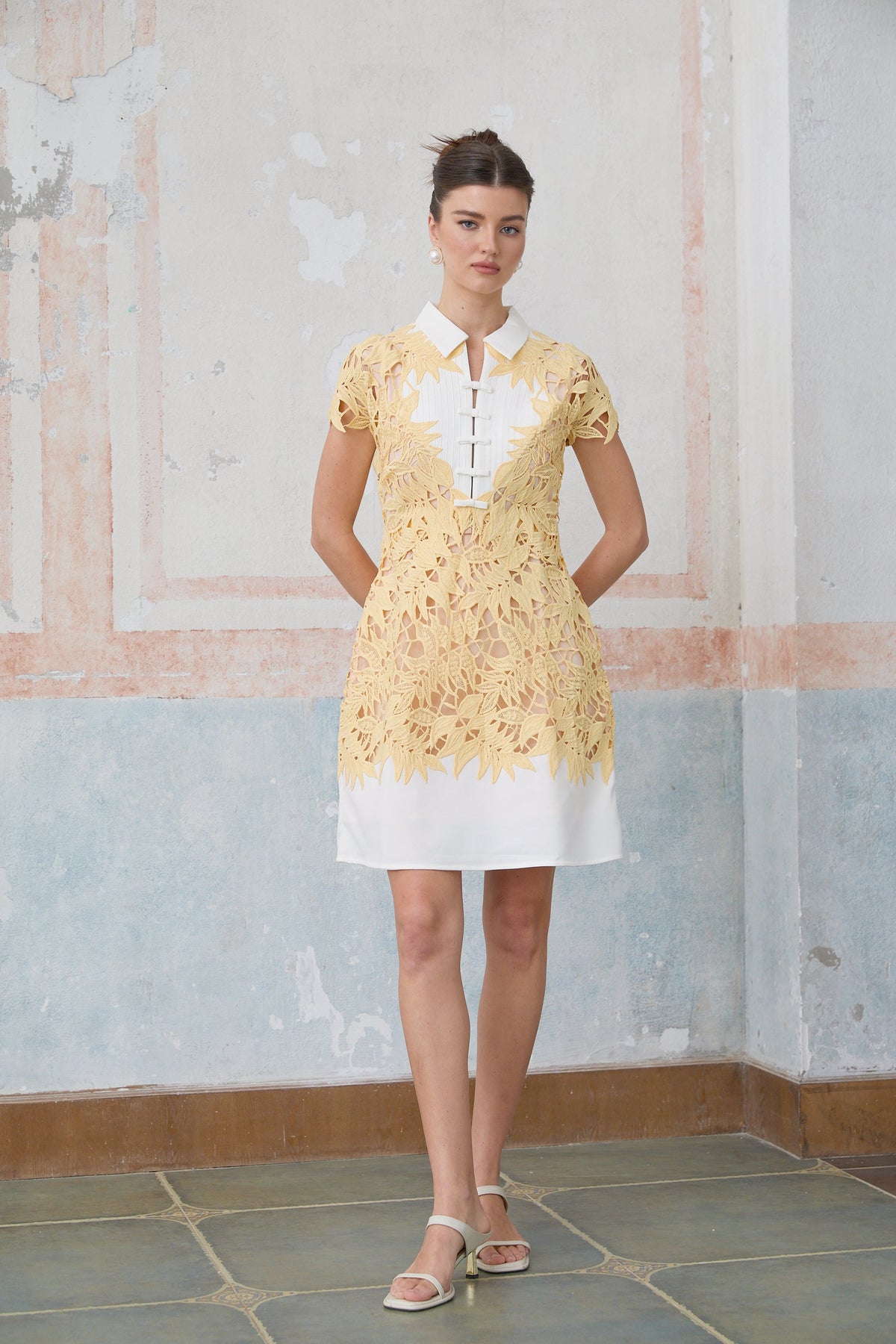 Camille yellow leaf-appliqué mini dress