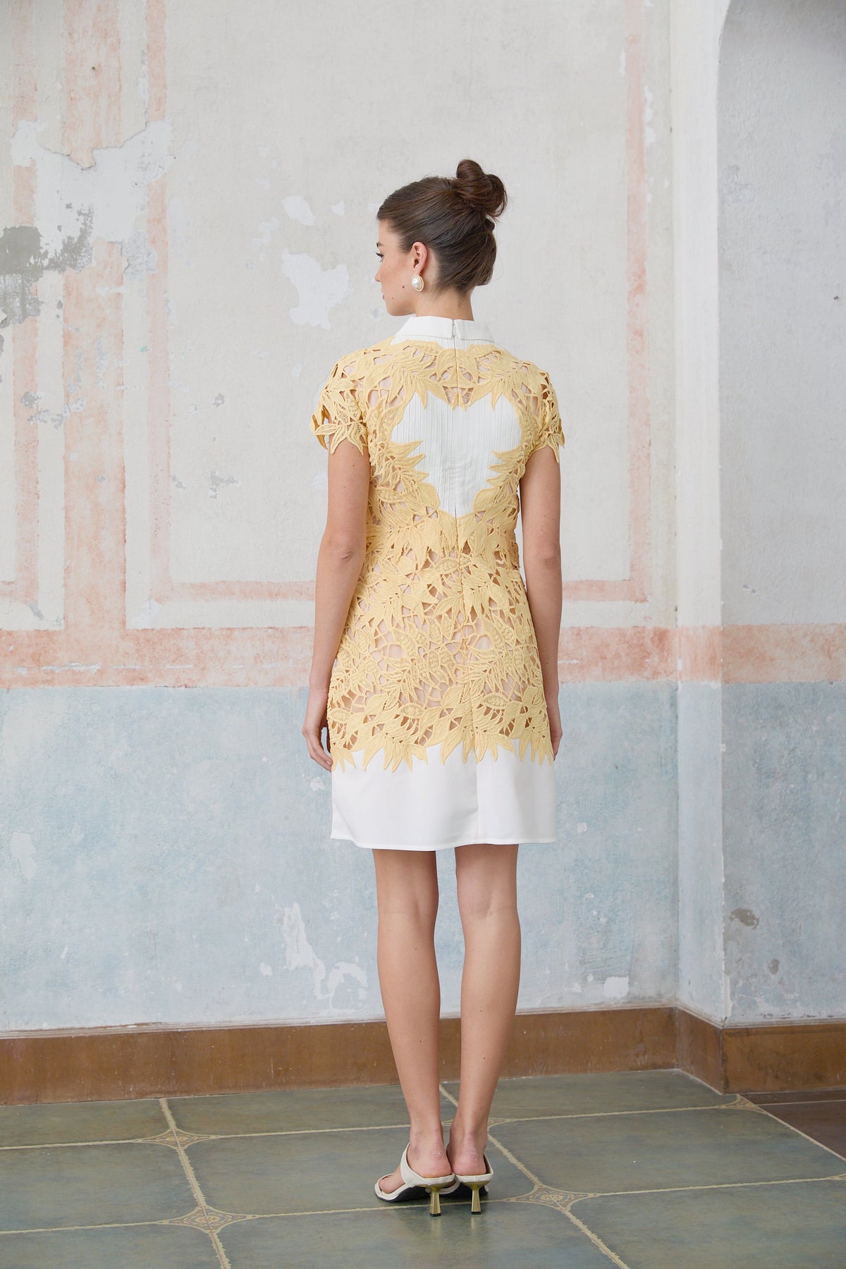 Camille yellow leaf-appliqué mini dress