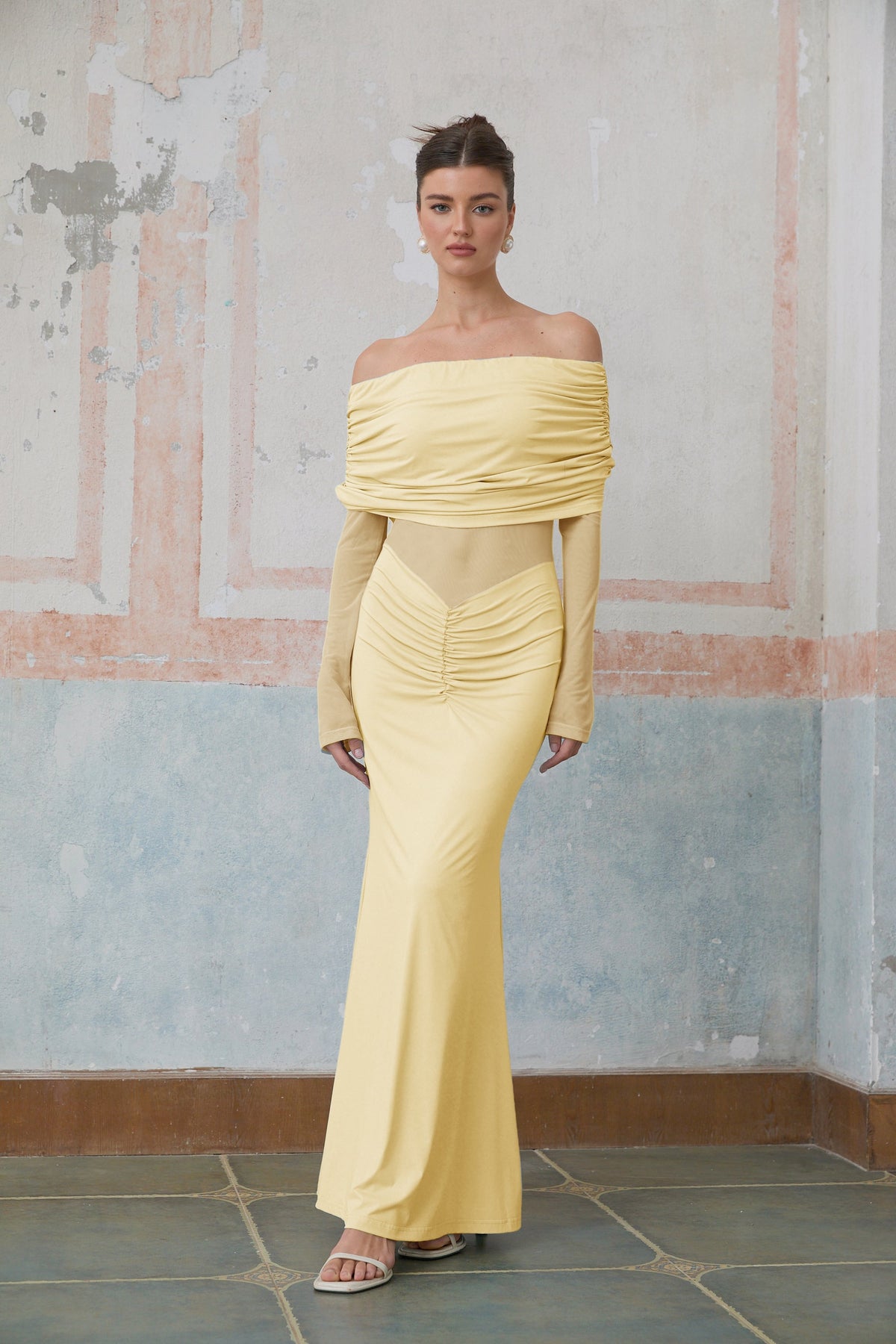 Ninon Yellow Off Shoulder Ruched Maxi Dress (Final Sale)