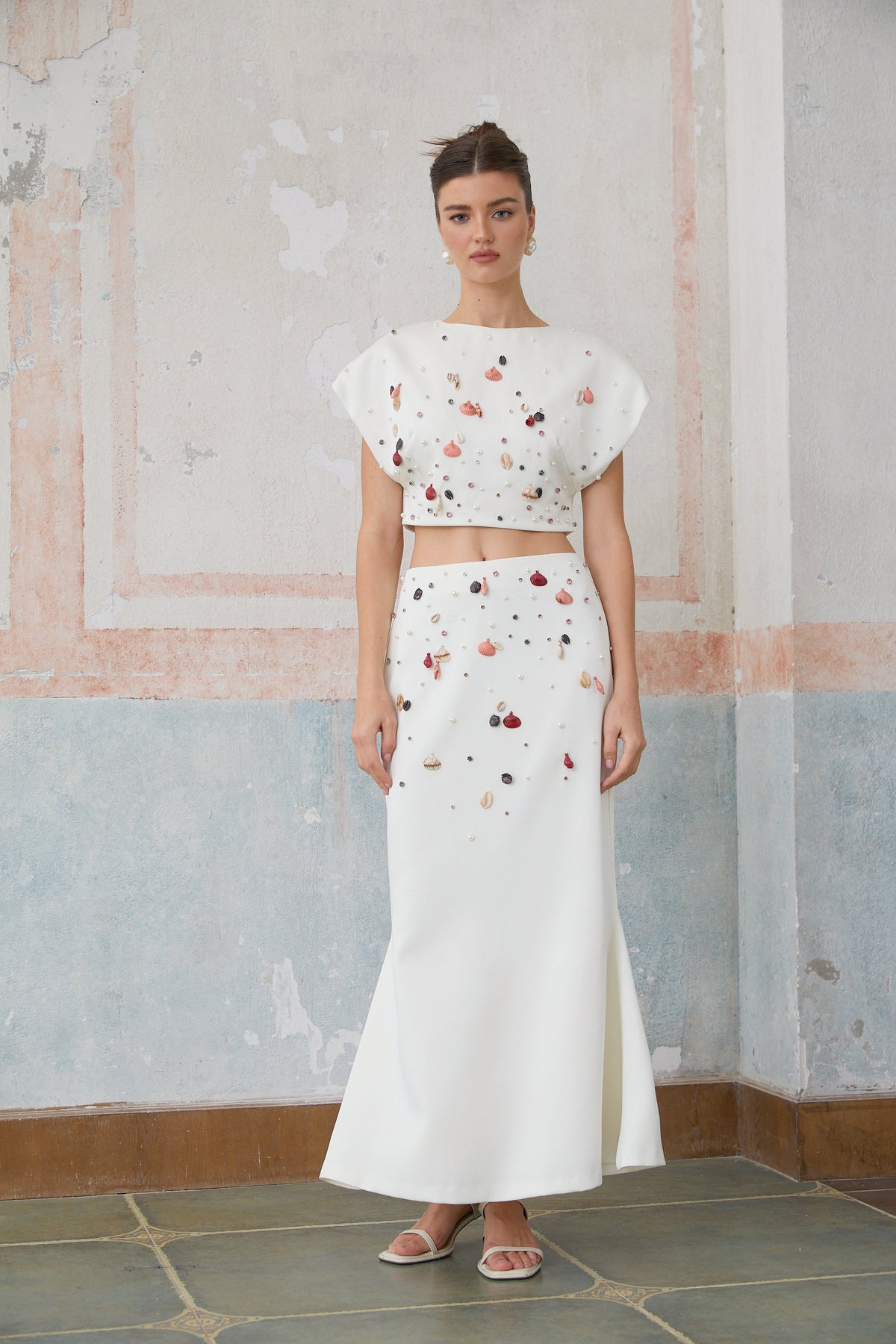 Delphine white shell-embellished top & skirt matching set