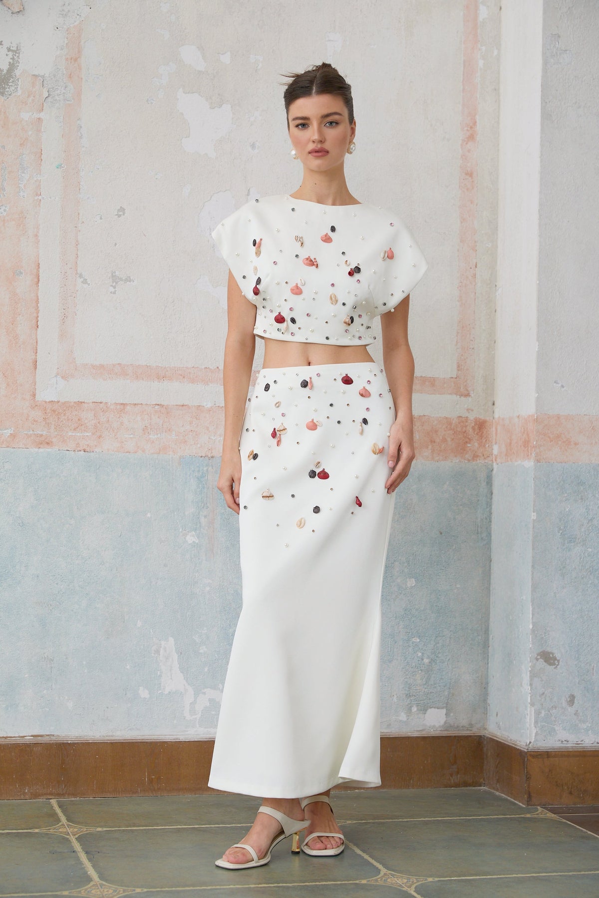 Delphine white shell-embellished top & skirt matching set