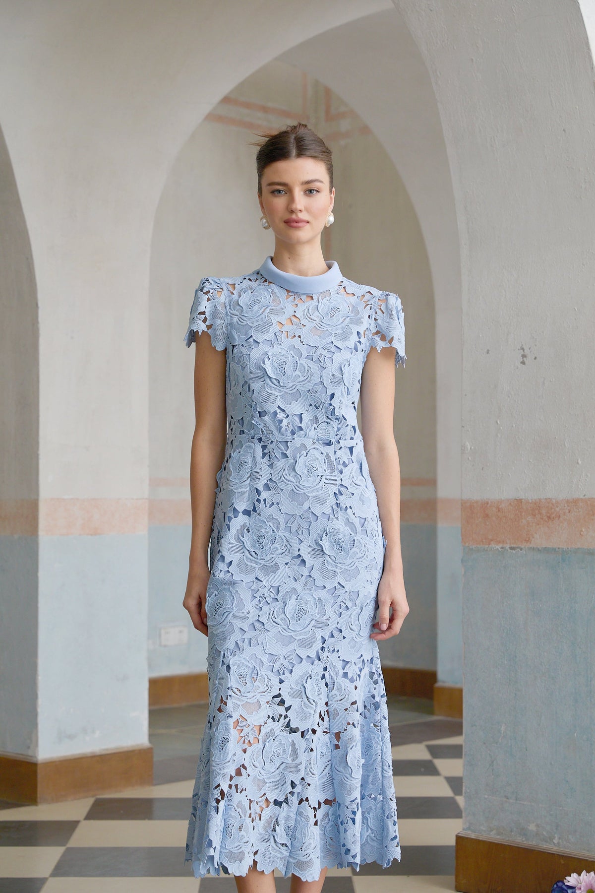 Aurore blue floral-appliqué lace midi dress