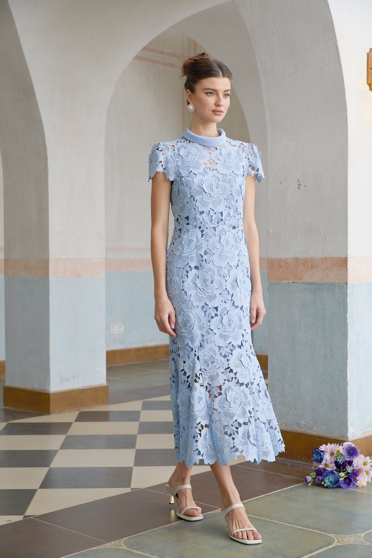 Aurore blue floral-appliqué lace midi dress