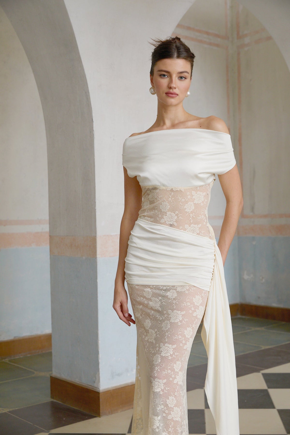 Lilou neutrals ribbon panelled floral-lace maxi dress (Final Sale-US Only)