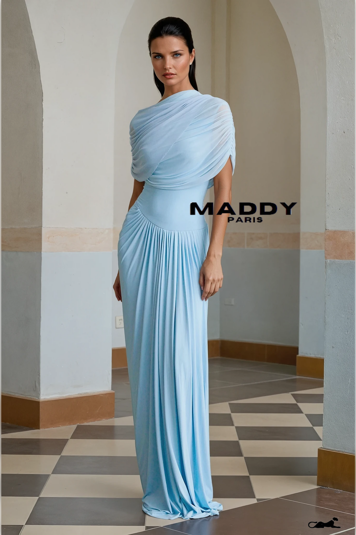 Catherine asymmetrical pleated maxi dress in Baby-blue