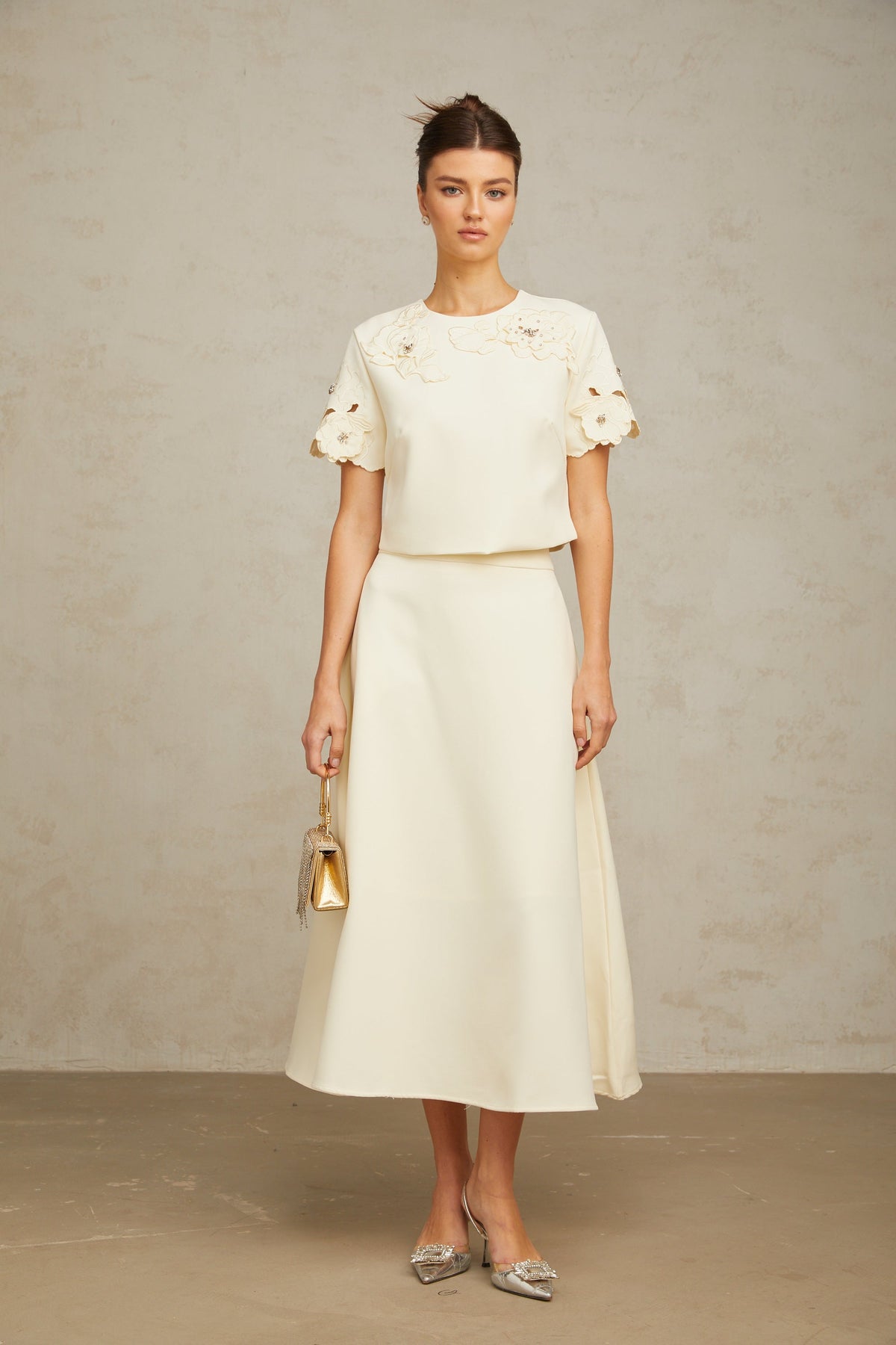 Coralie neutrals 3D-petal top & skirt matching set