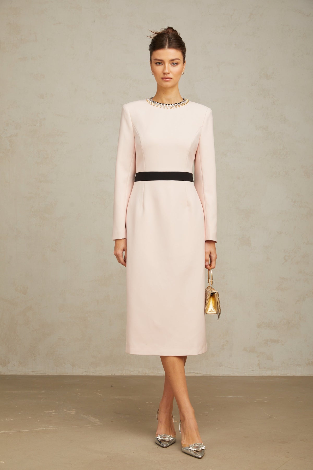 Anaïs pink crystal color-blocked midi dress