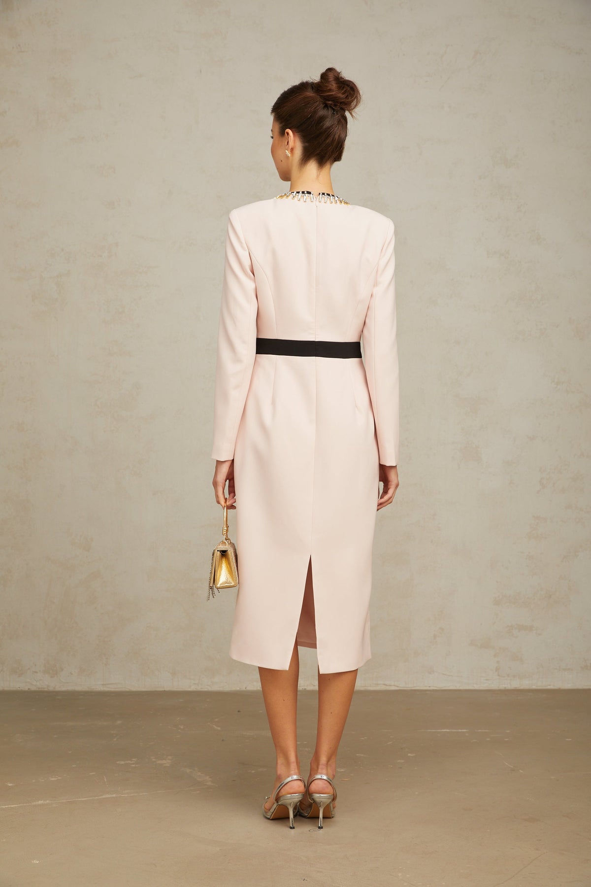 Anaïs pink crystal color-blocked midi dress