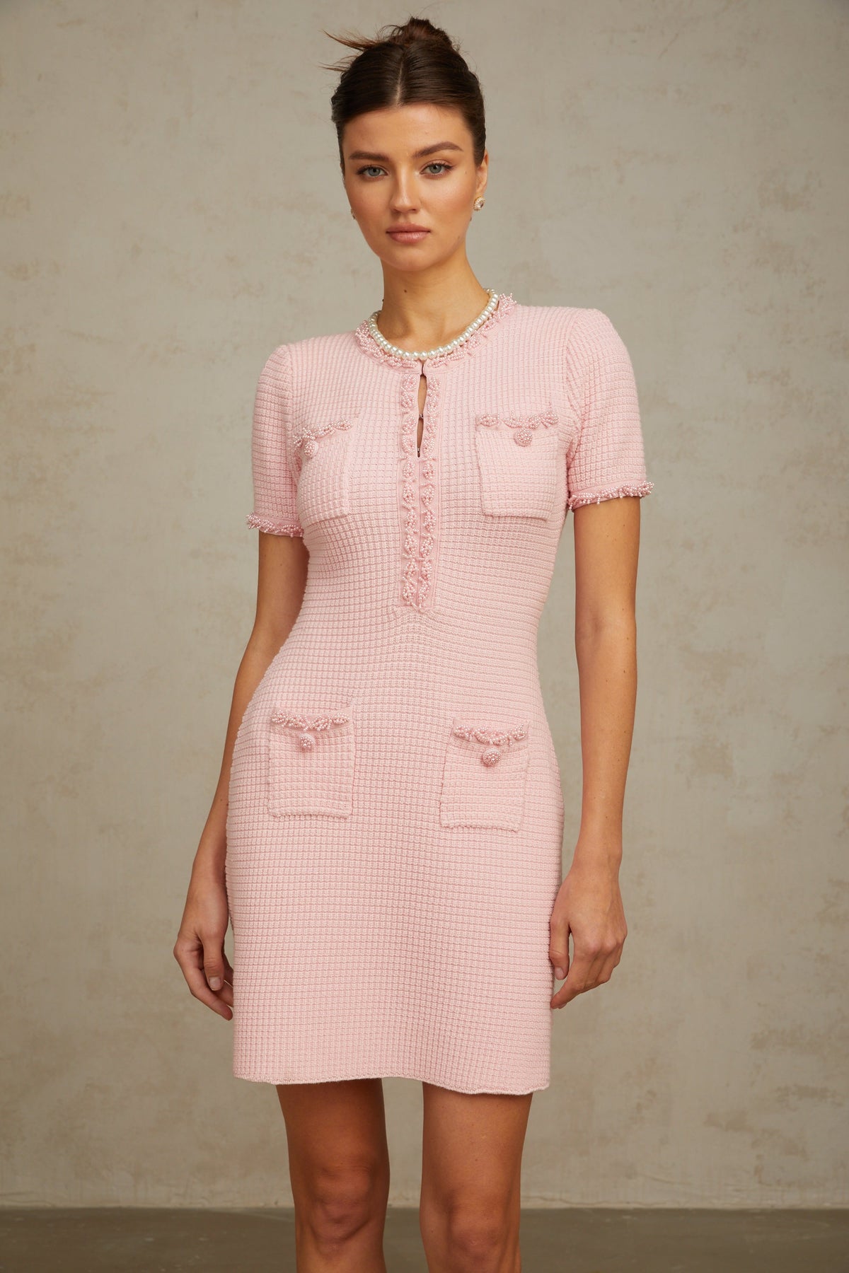 Eugénie pink beaded knit mini dress