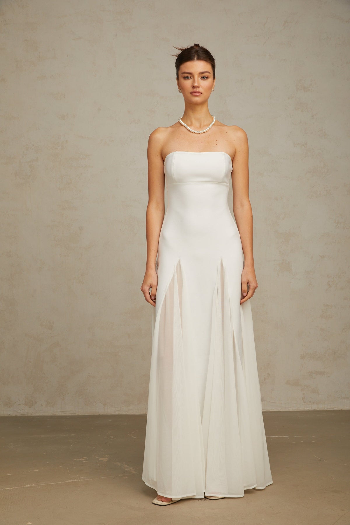 Nathalie white tulle-panelling maxi dress