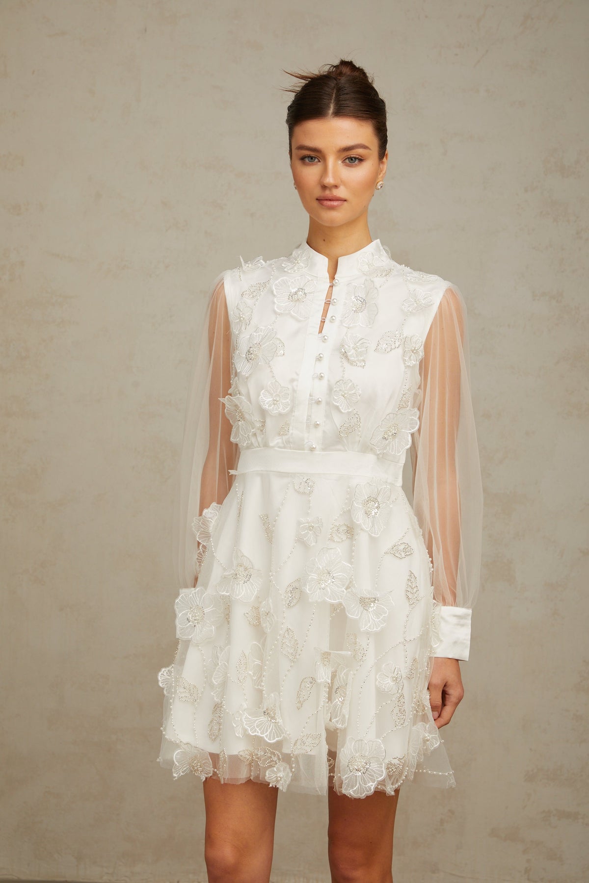 Camille white 3D-petal tulle mini dress (Final Sale)