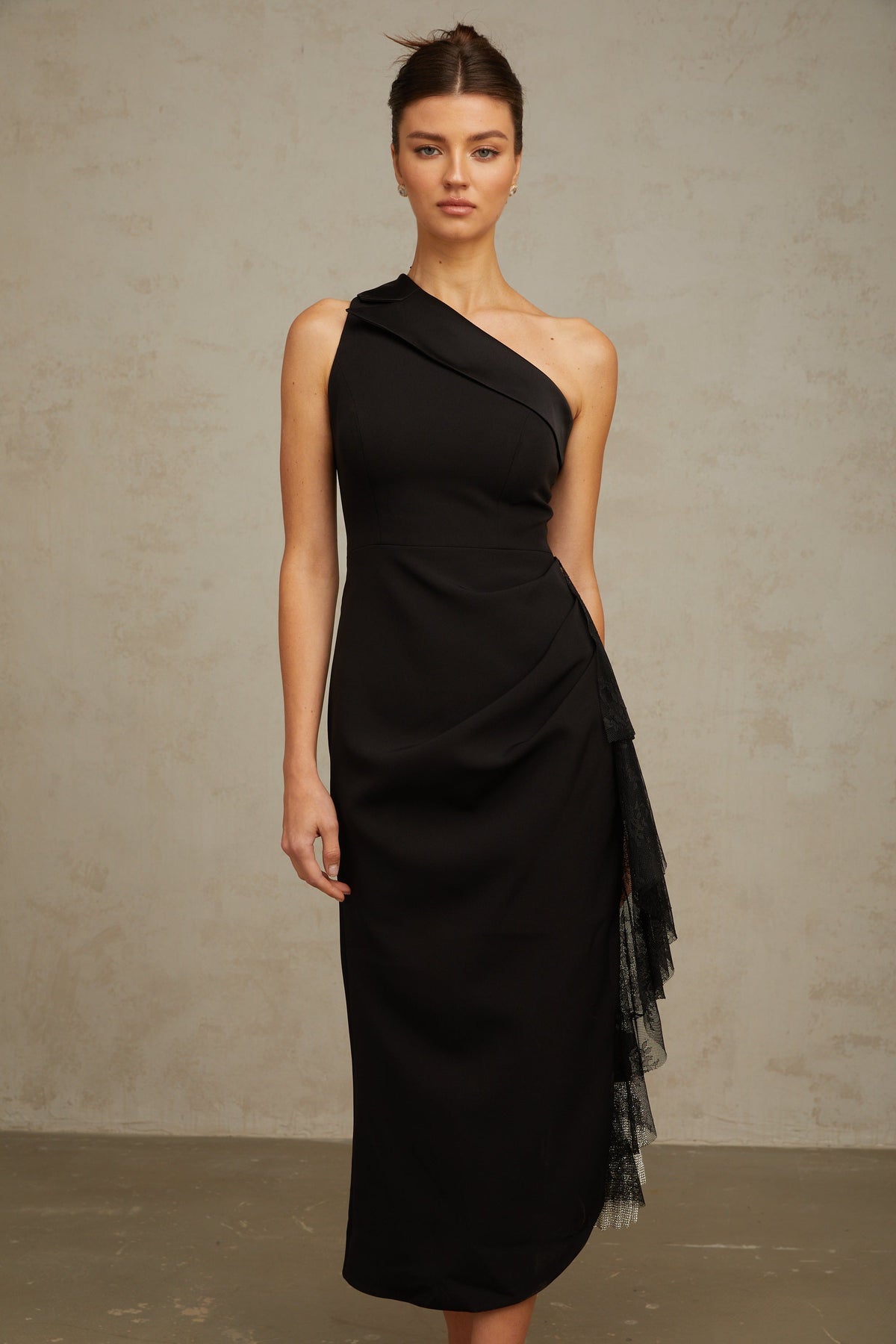 Bernadette black lace-panell asymmetrical midi dress