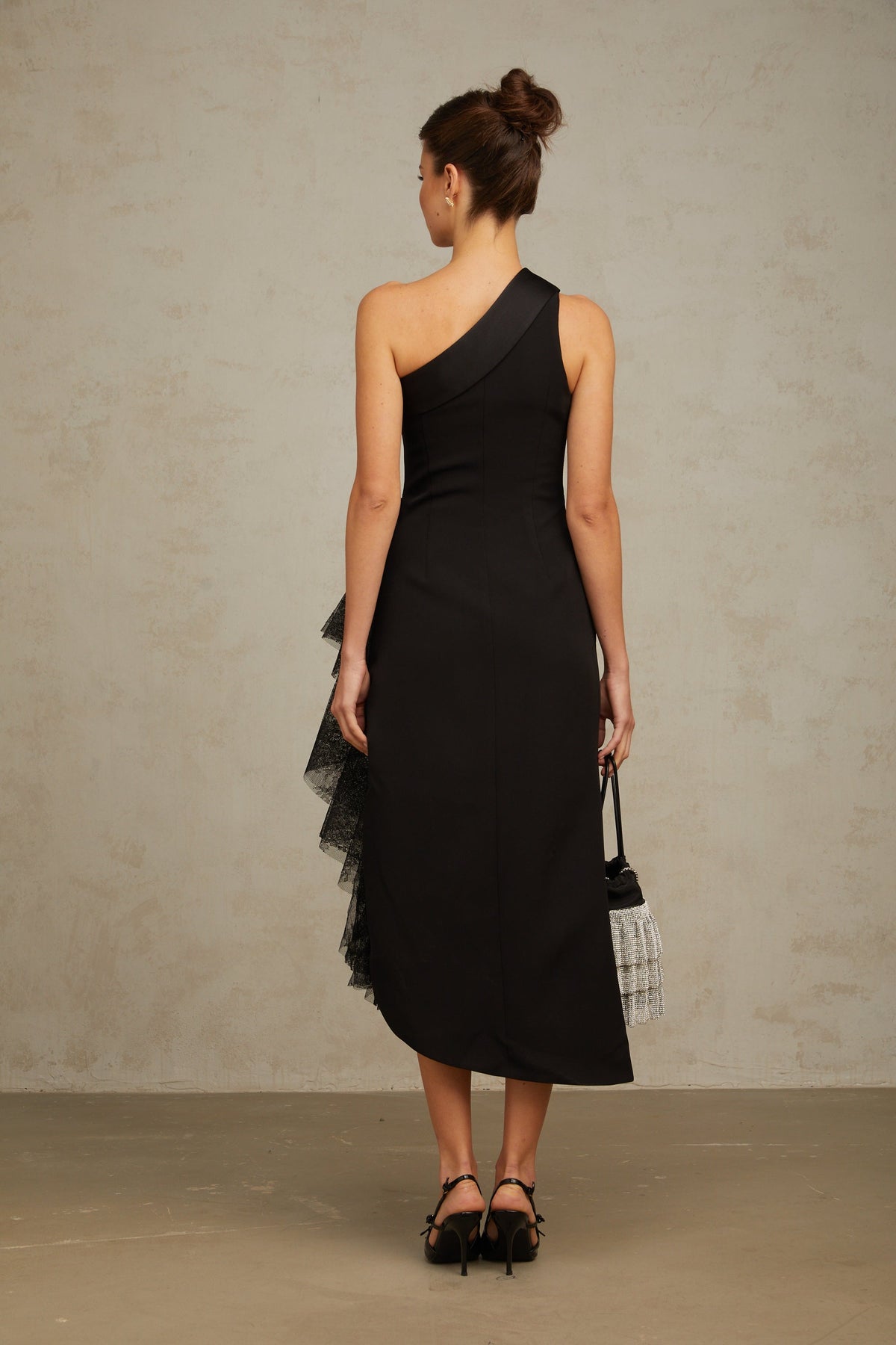 Bernadette black lace-panell asymmetrical midi dress (Final Sale-US Only)