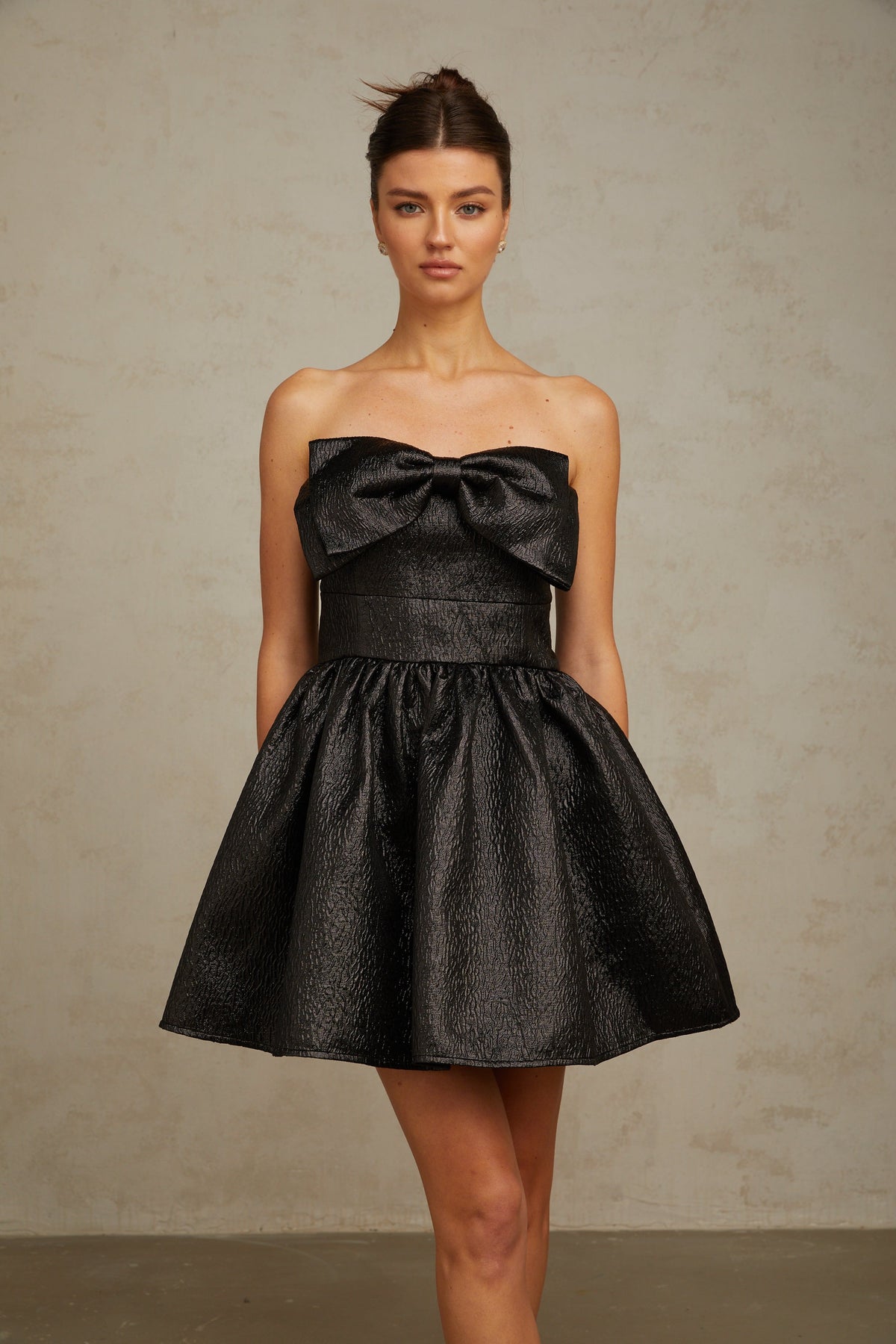 Colette black bow metallic mini dress