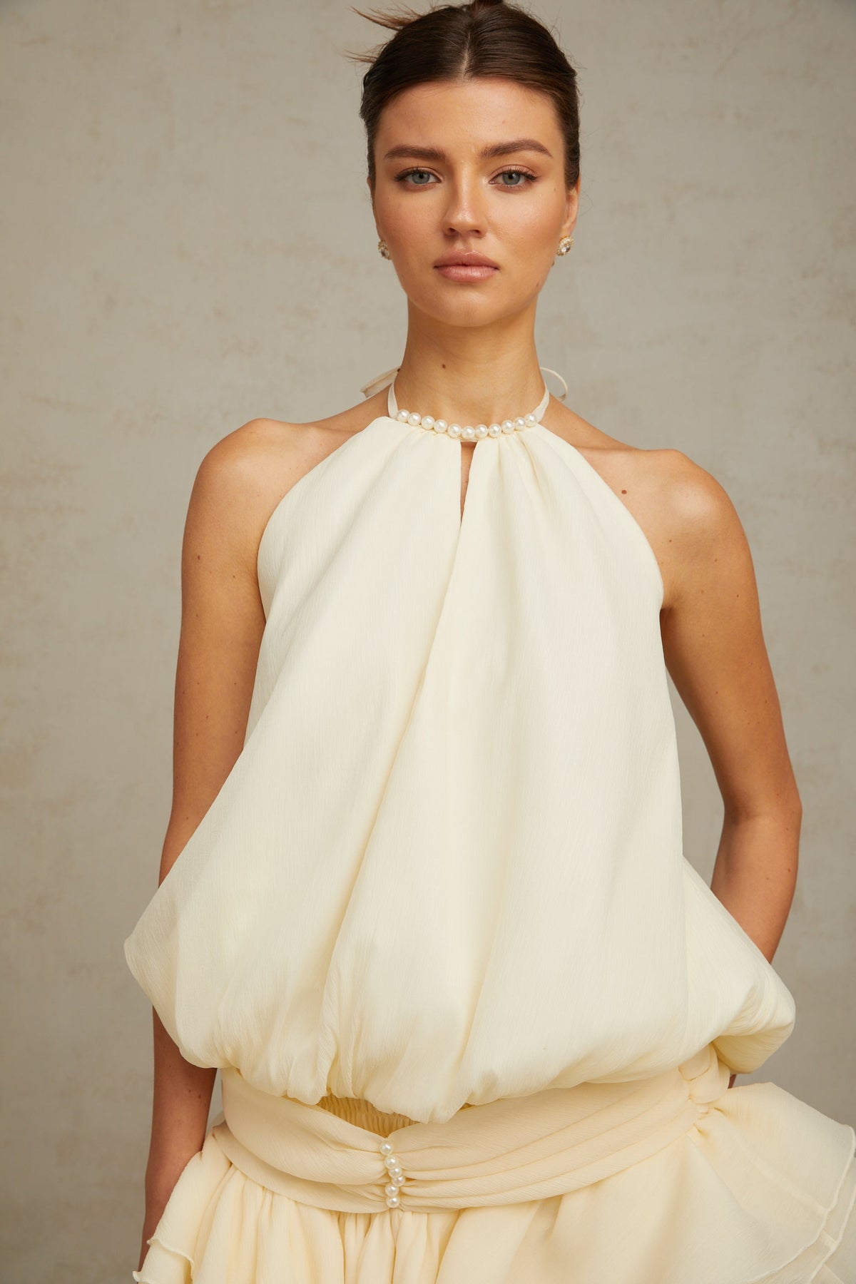 Bérénice white halterneck faux-pearl mini dress