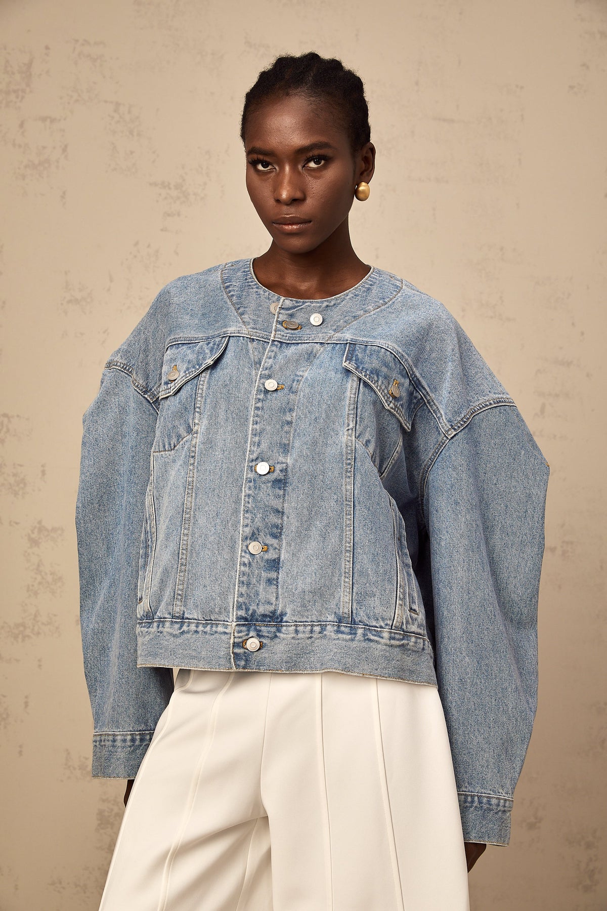 Isabelle blue collarless denim jacket