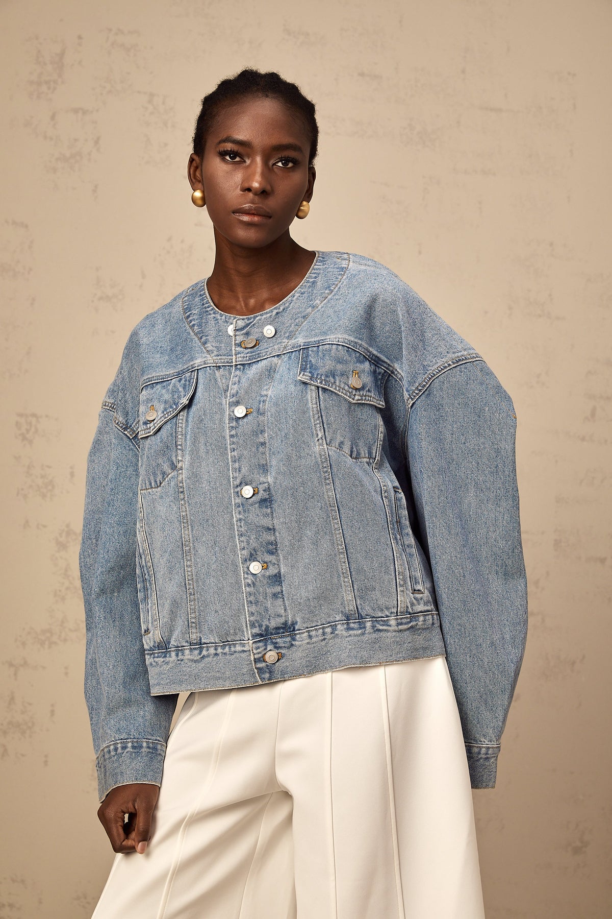 Isabelle blue collarless denim jacket