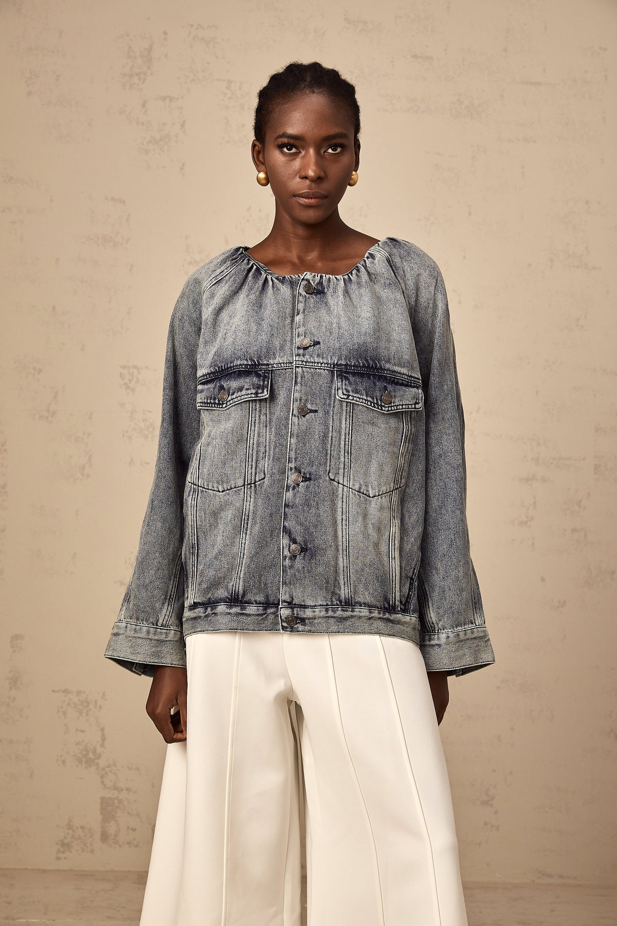 Joëlle blue collarless denim jacket