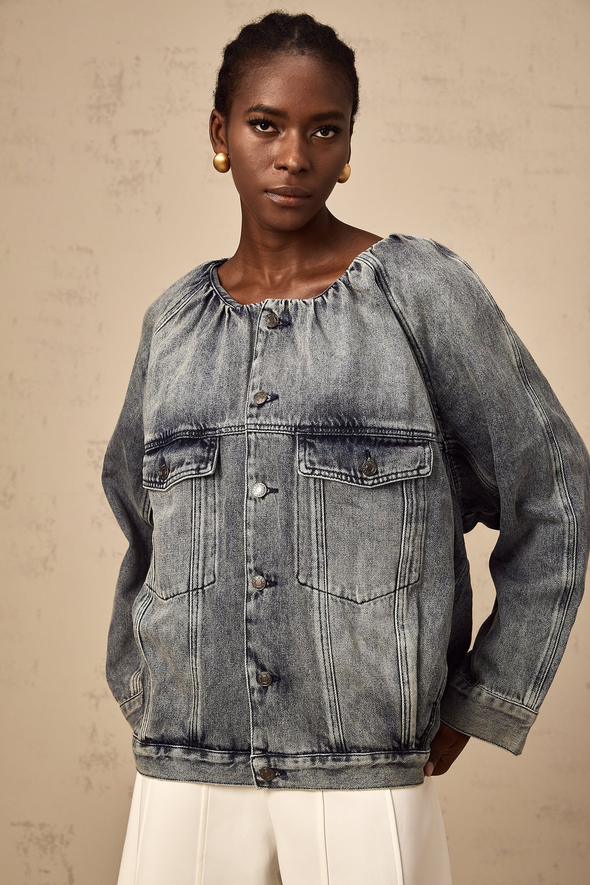 Joëlle blue collarless denim jacket