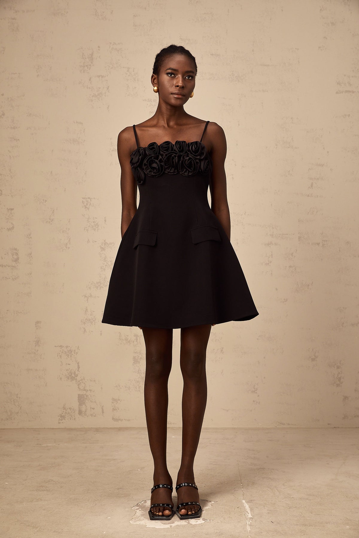 Mignon rose-appliqué flared mini dress in Black