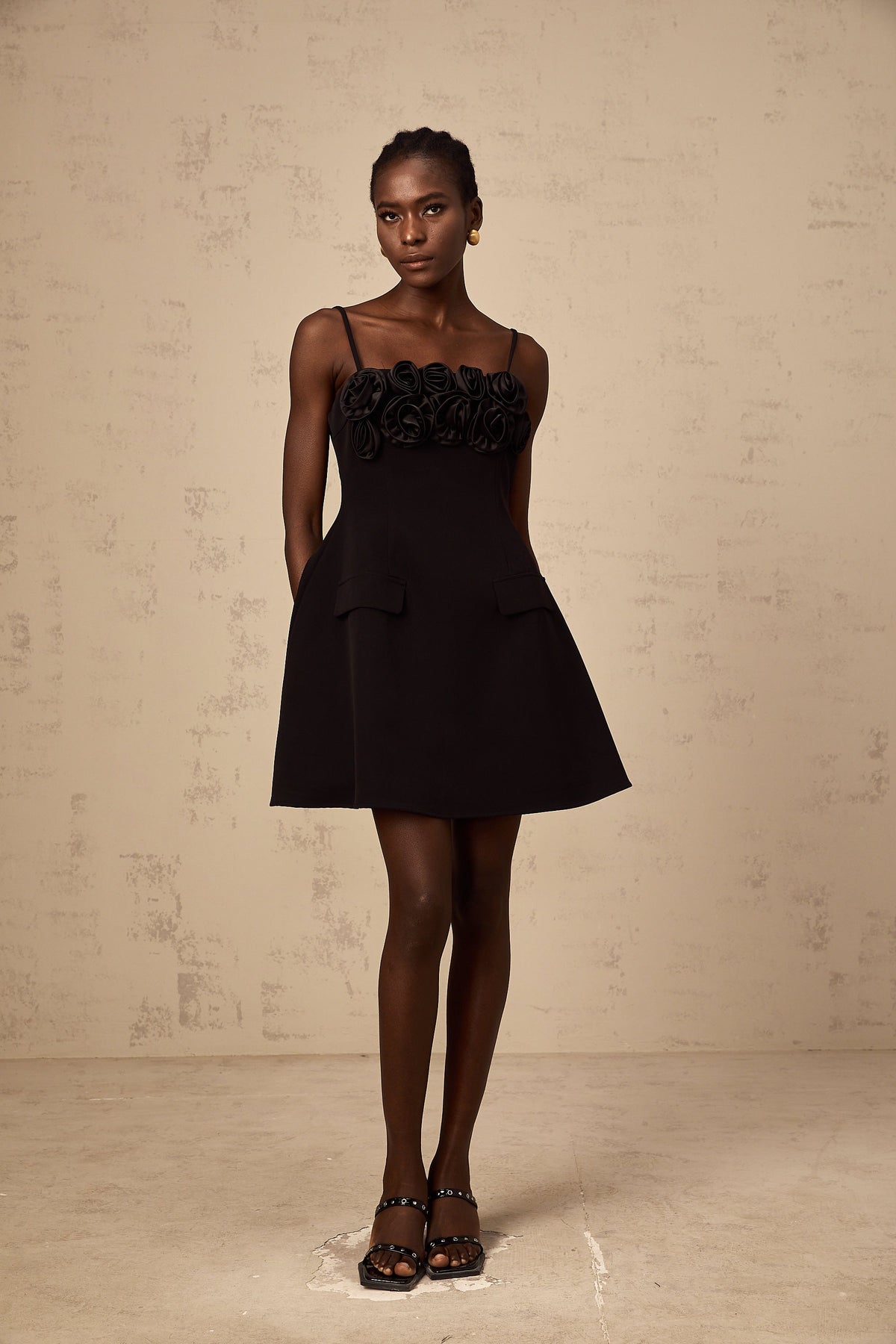Mignon rose-appliqué flared mini dress in Black