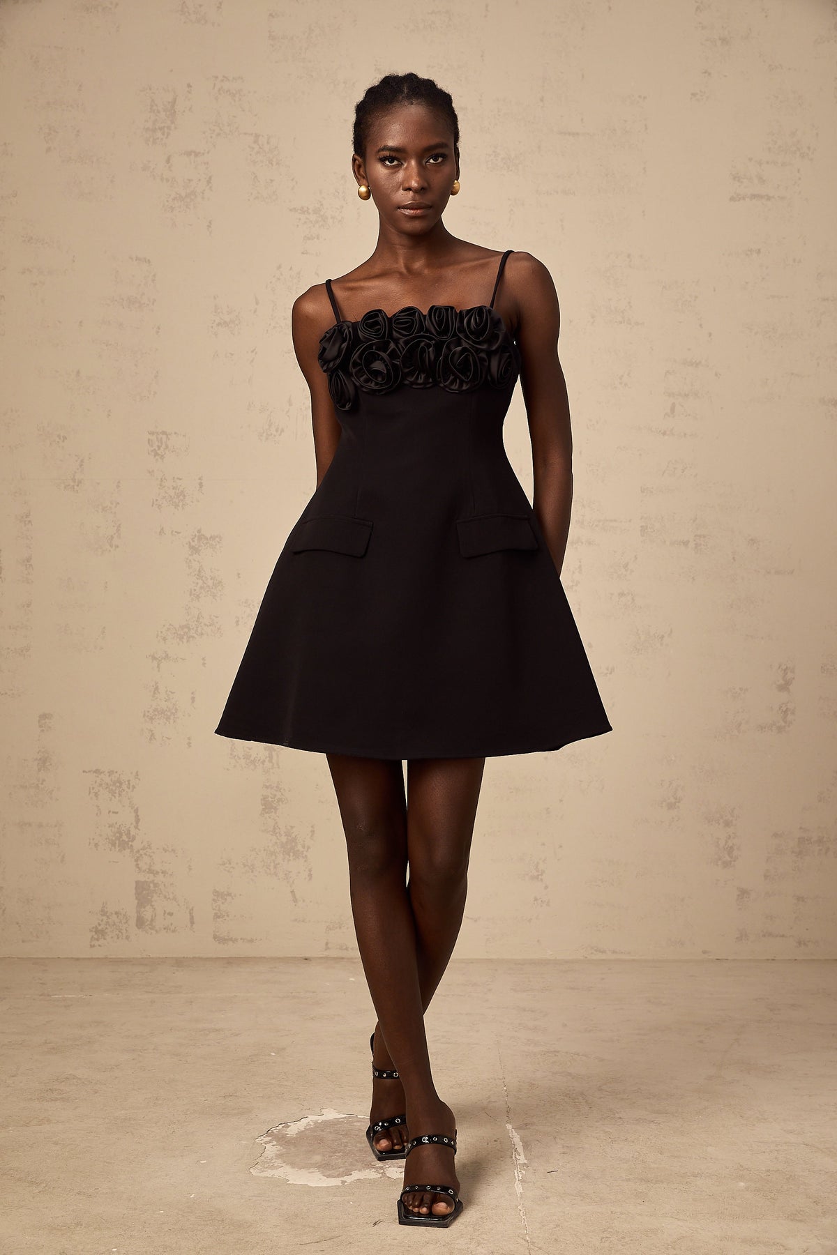 Mignon rose-appliqué flared mini dress in Black
