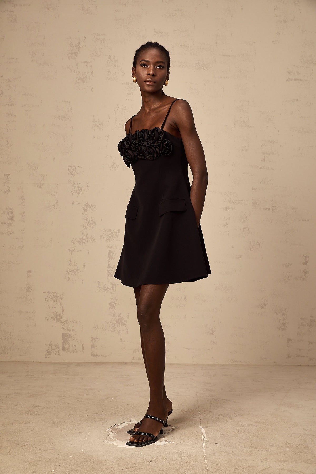 Mignon rose-appliqué flared mini dress in Black