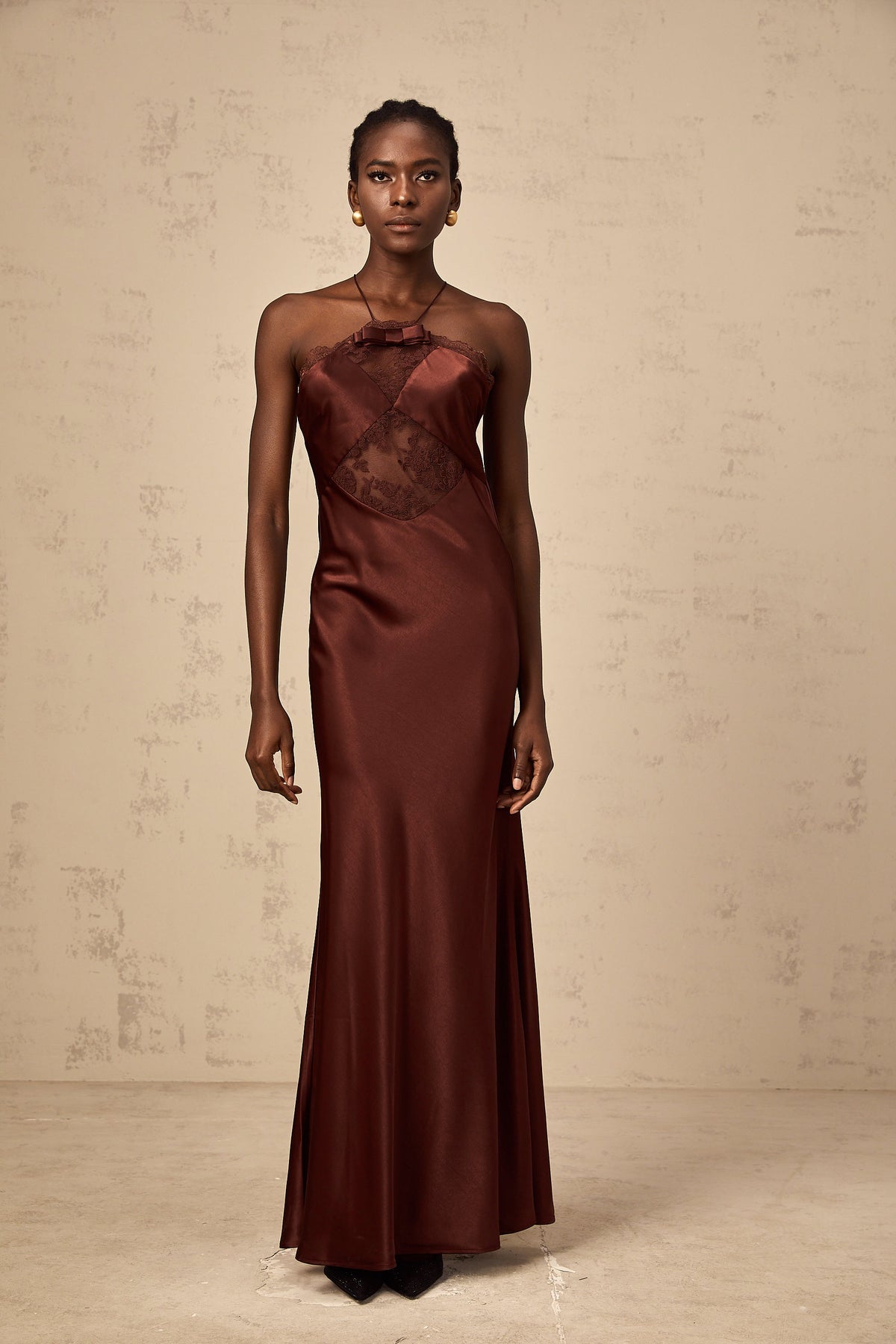 Eléonore wine-red lace-panelling satin maxi dress
