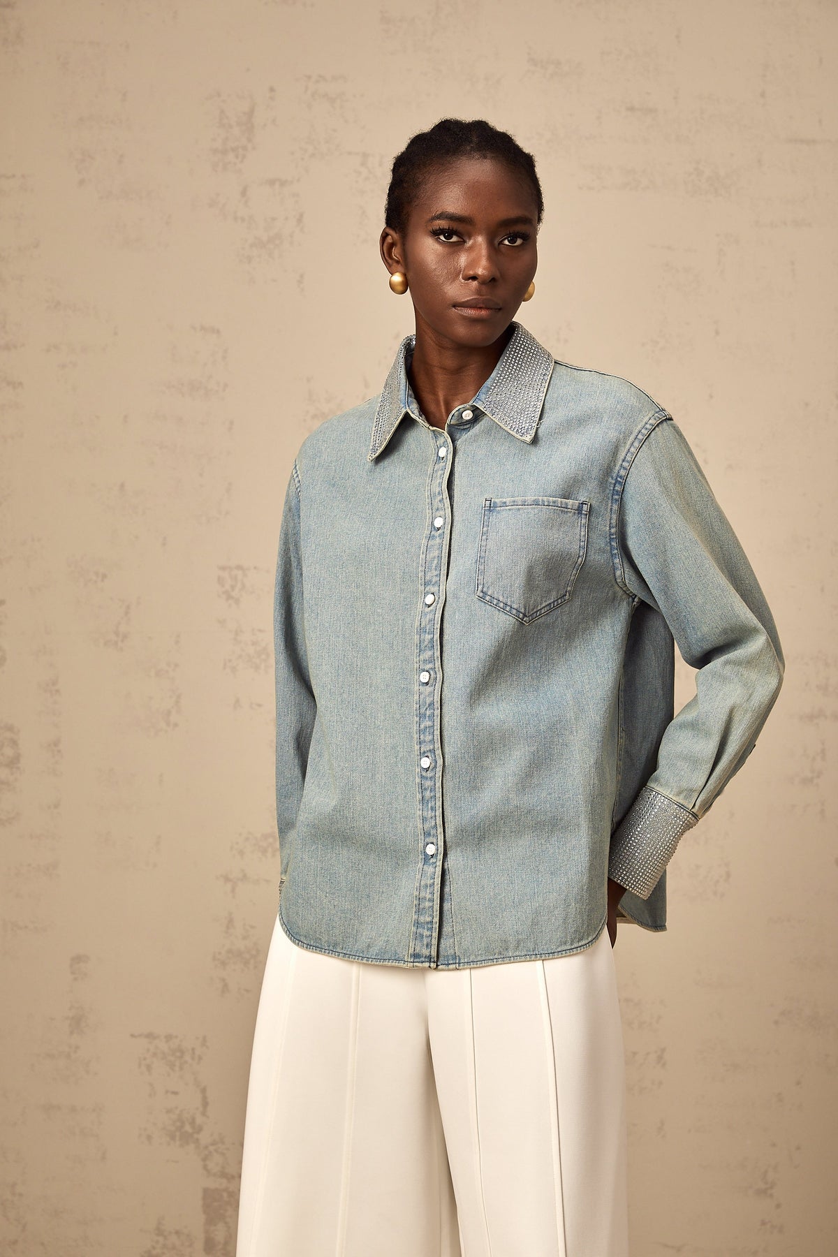 Flavie blue rhinestone-embellished denim shirt