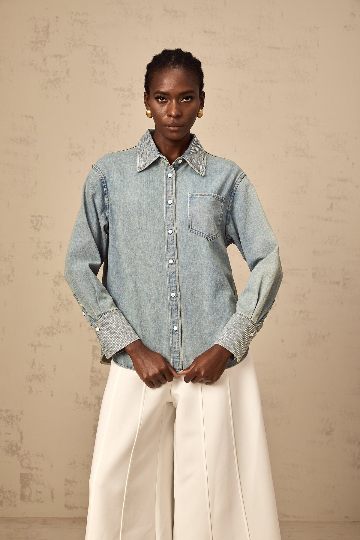 Flavie blue rhinestone-embellished denim shirt