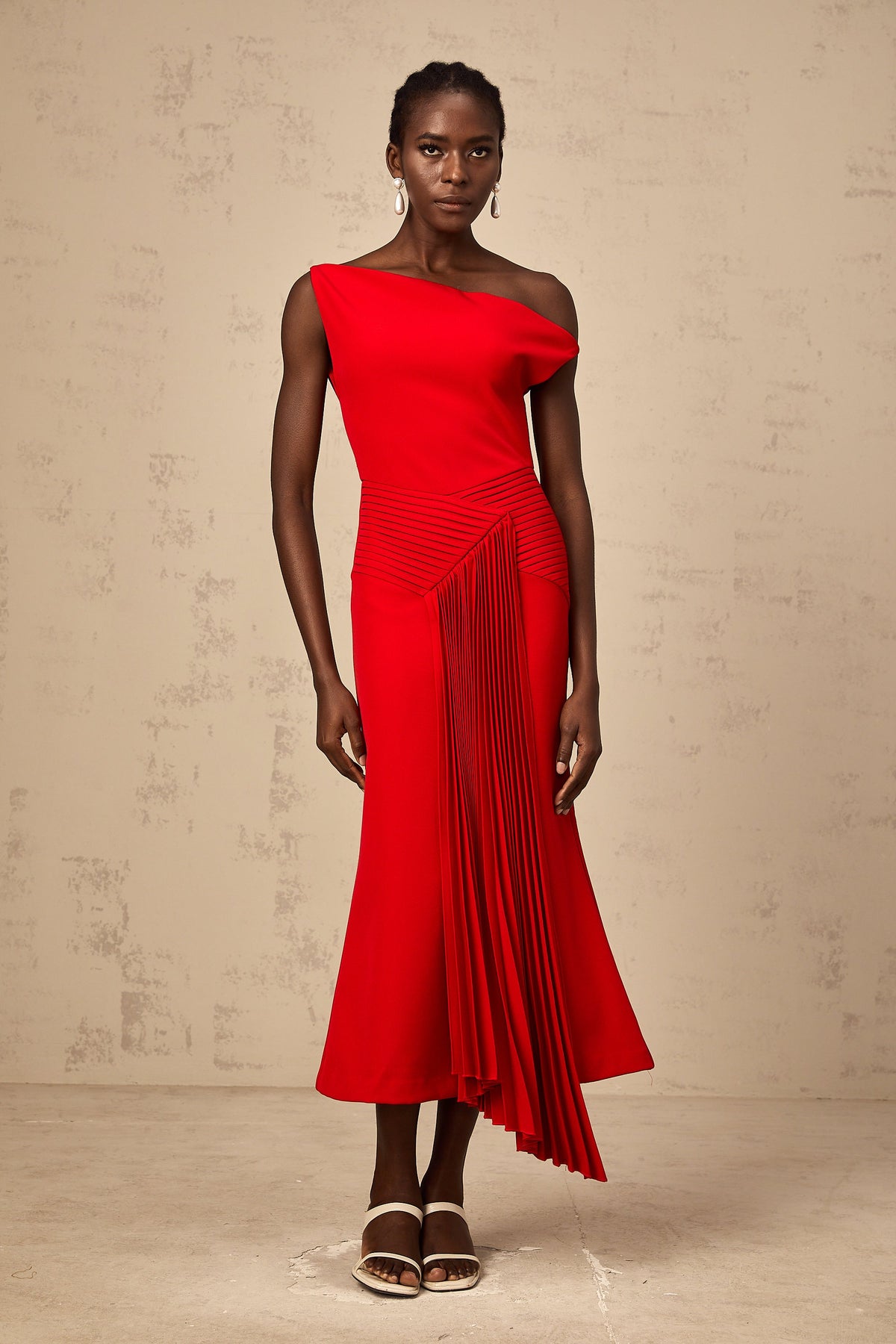 Laurine asymmetrical draped midi dress in Red