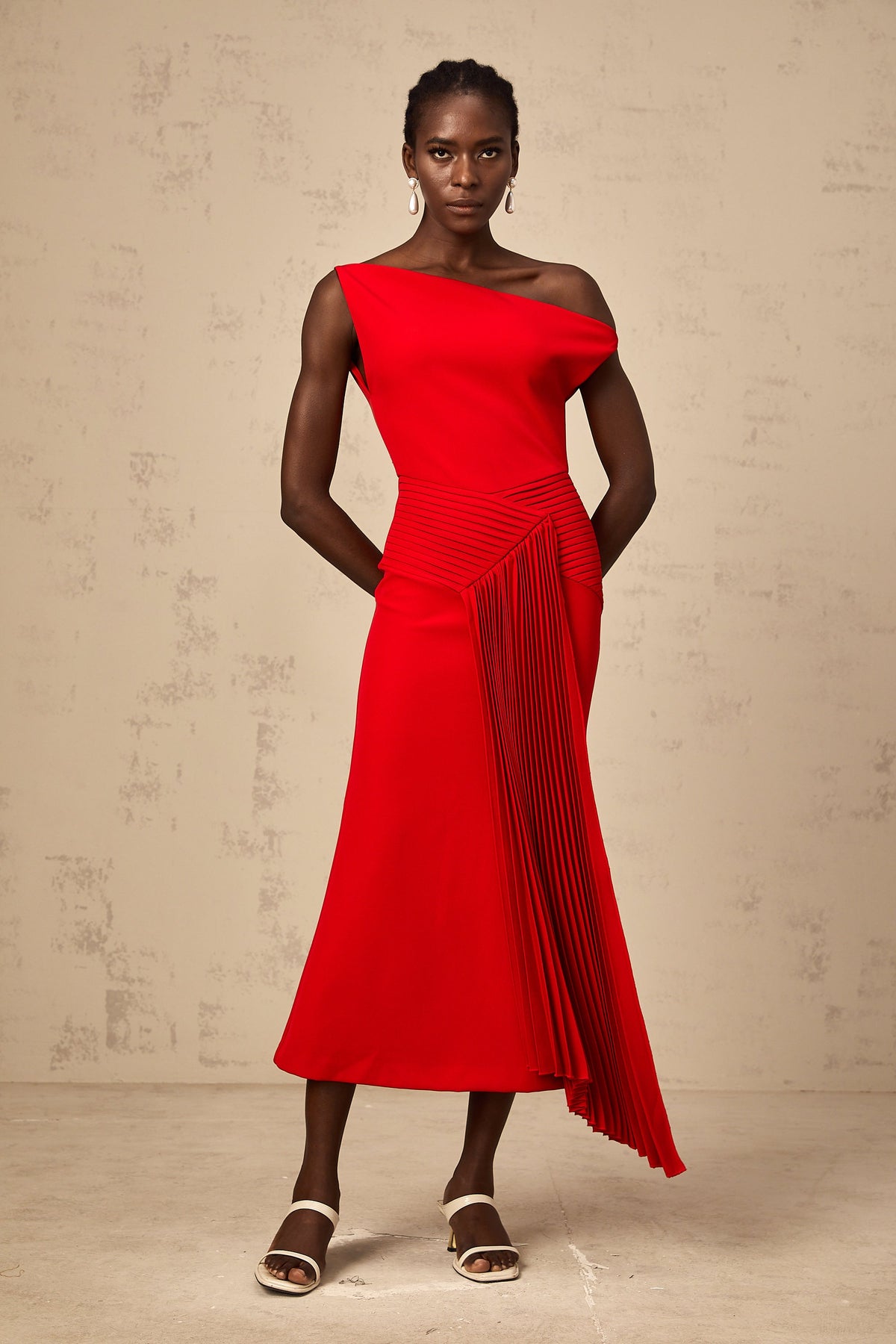 Laurine asymmetrical draped midi dress in Red