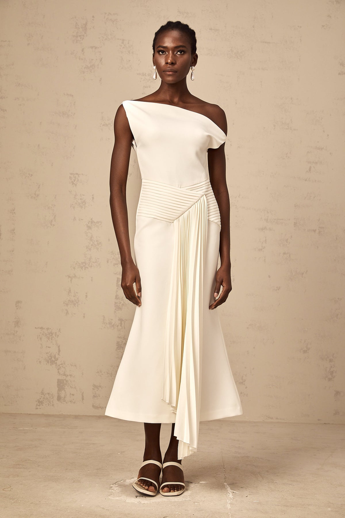 Laurine asymmetrical draped midi dress in White (Final Sale-US Only)