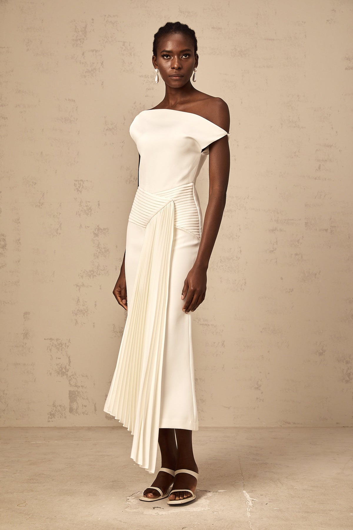Laurine asymmetrical draped midi dress in White (Final Sale-US Only)