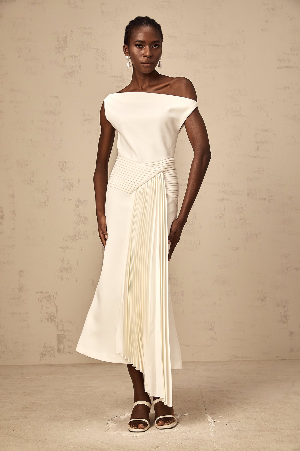 Laurine asymmetrical draped midi dress in White (Final Sale-US Only)