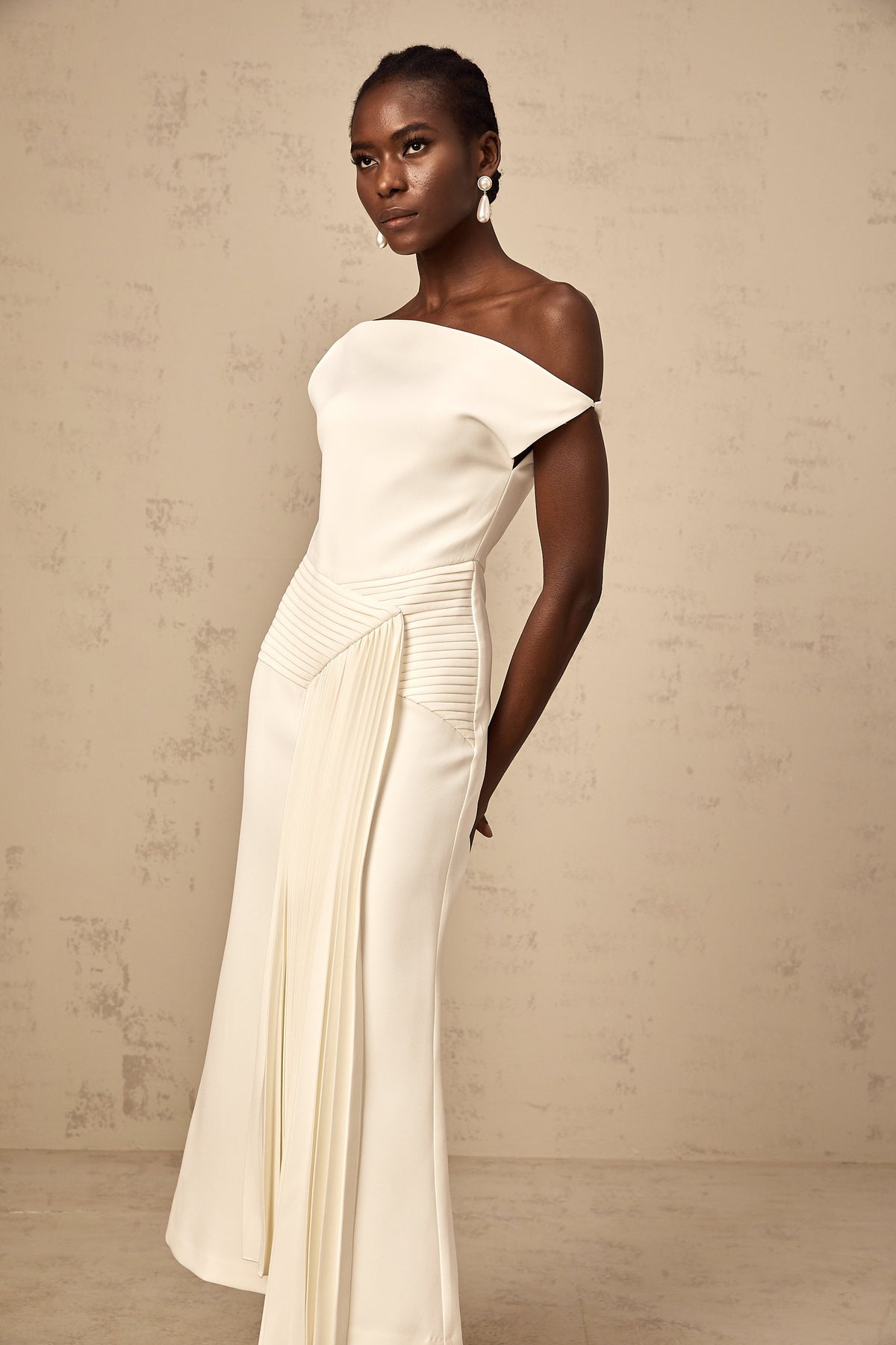Laurine asymmetrical draped midi dress in White (Final Sale-US Only)