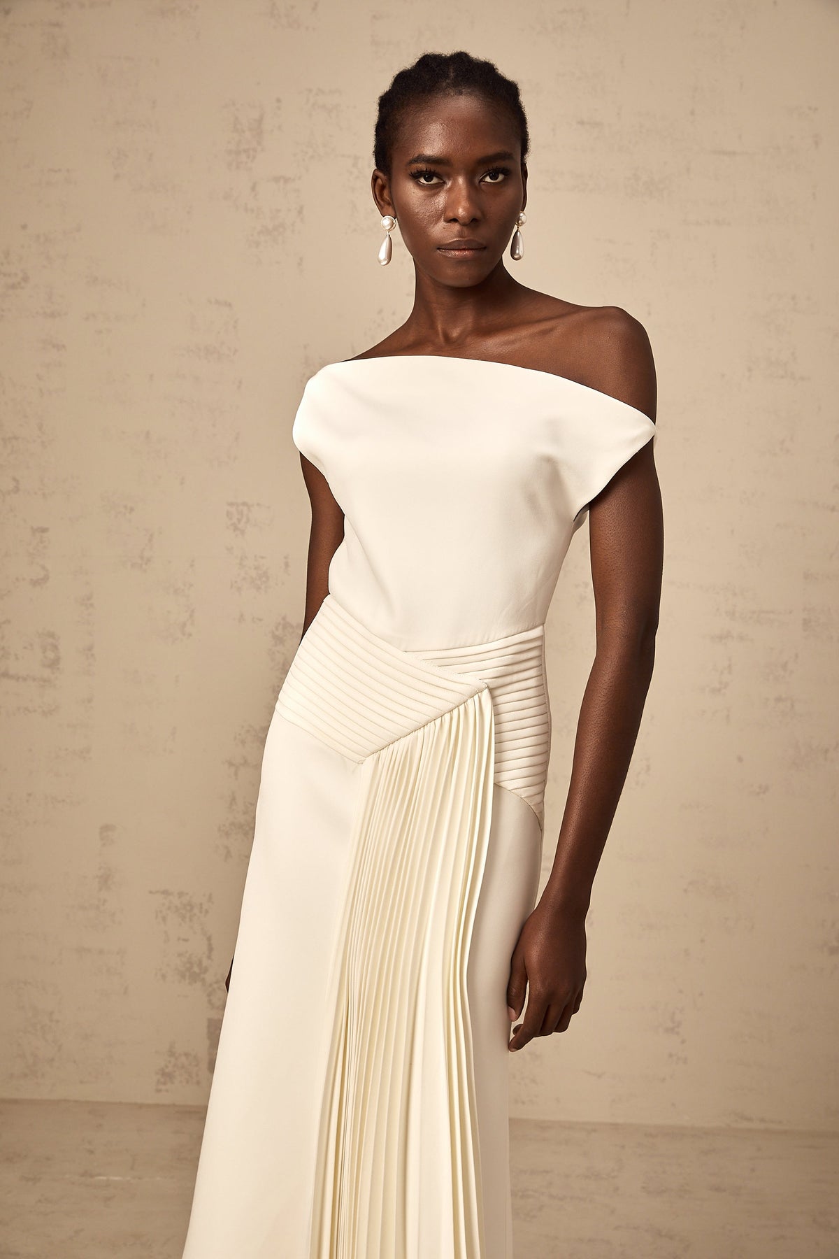 Laurine asymmetrical draped midi dress in White (Final Sale-US Only)