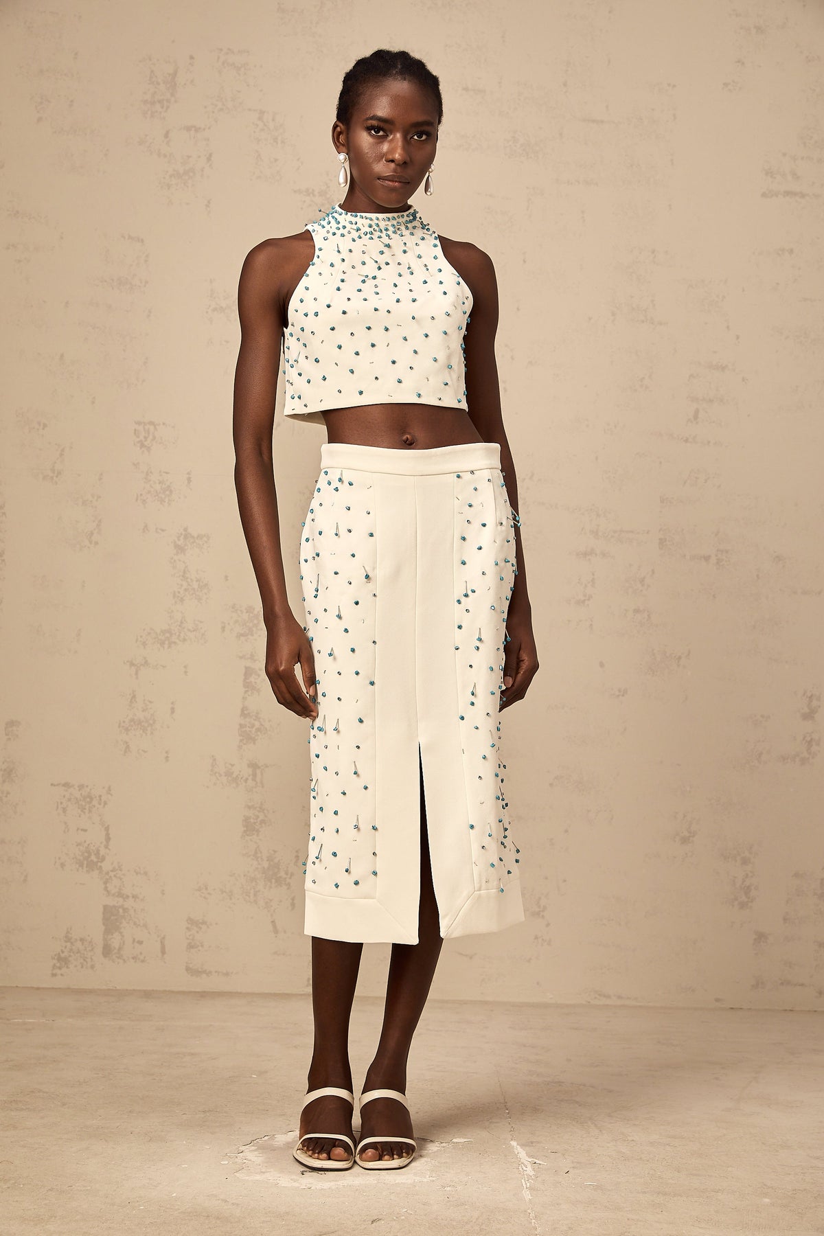 Clothilde off-white embellished top & skirt matching set