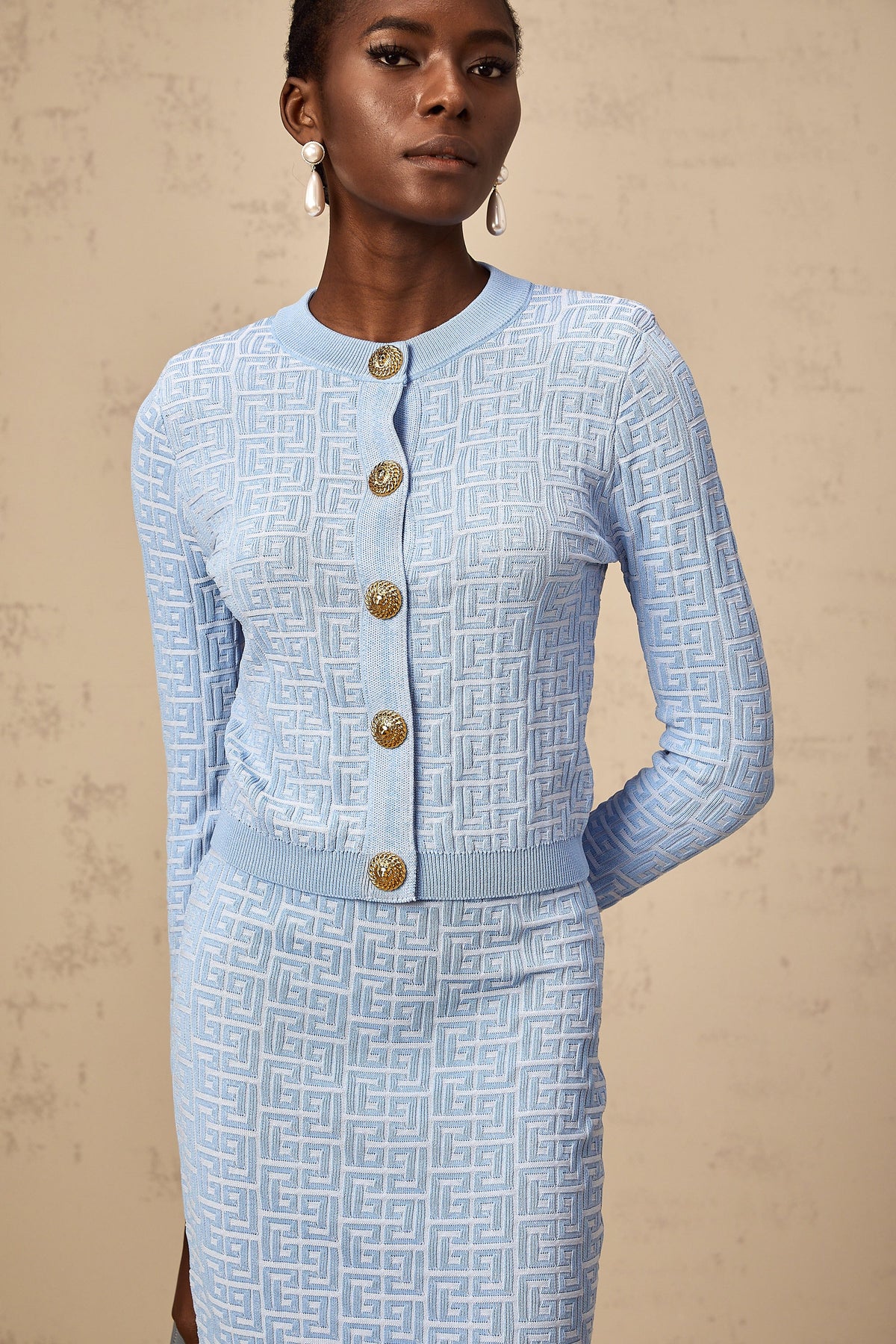 Anais knit patterned-jacquard cardigan & skirt matching set