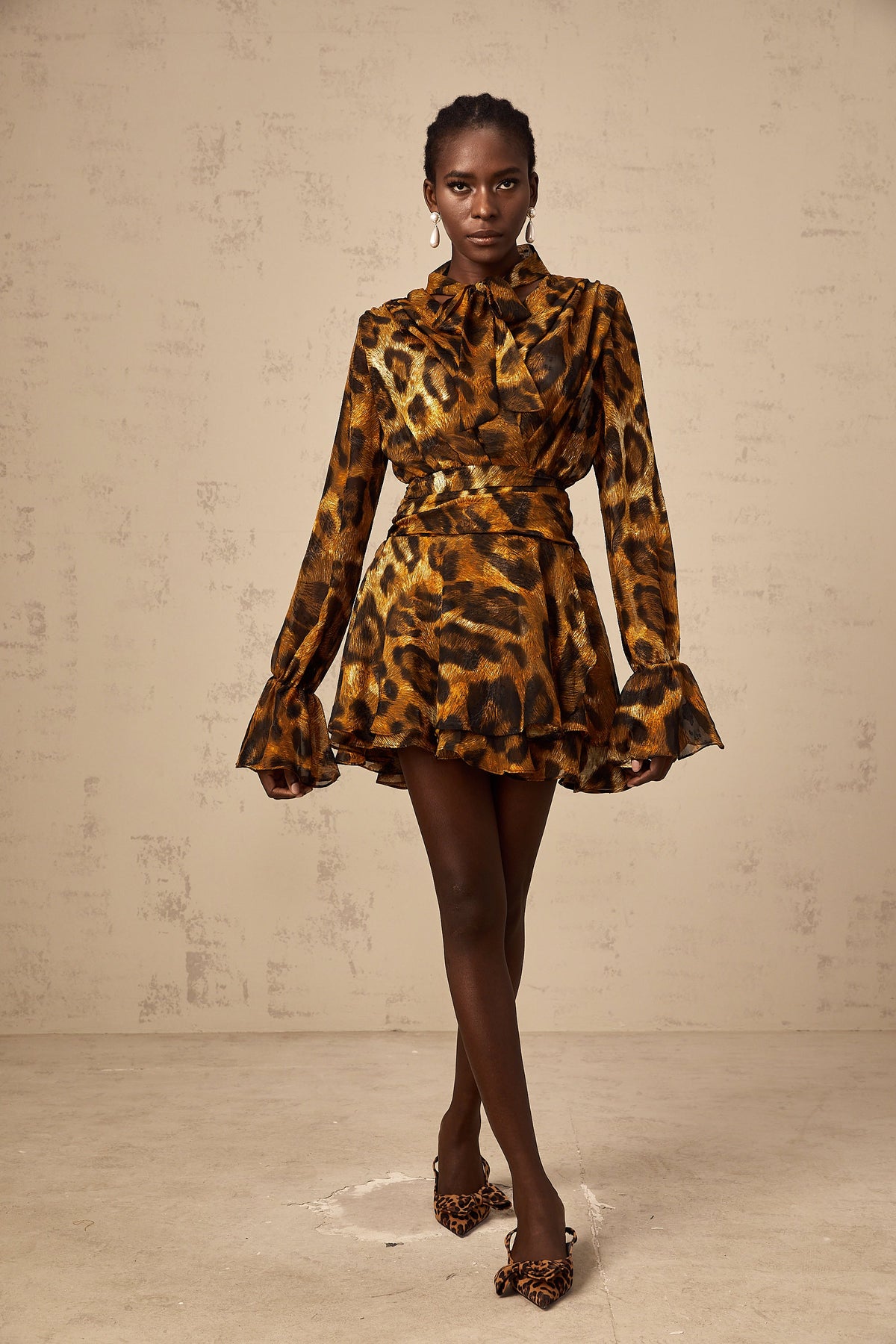Alizée brown leopard-print flounce mini dress