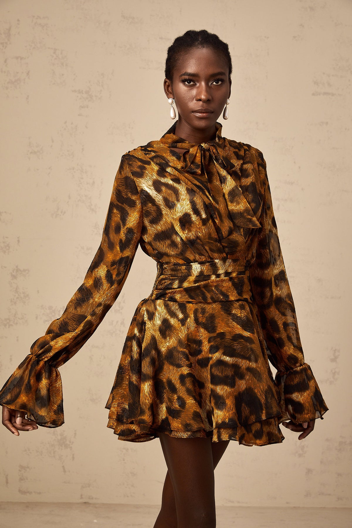 Alizée brown leopard-print flounce mini dress
