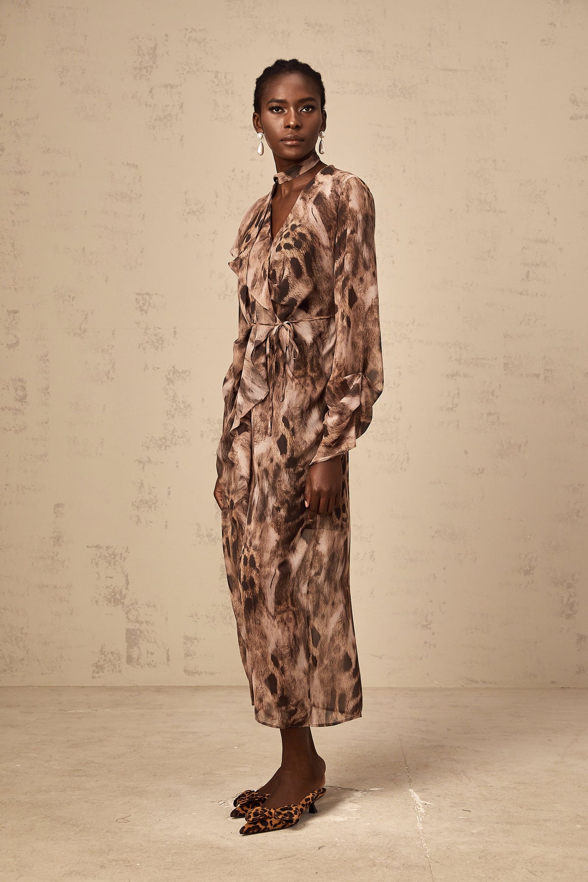 Sidonie brown ruffled leopard-print midi dress