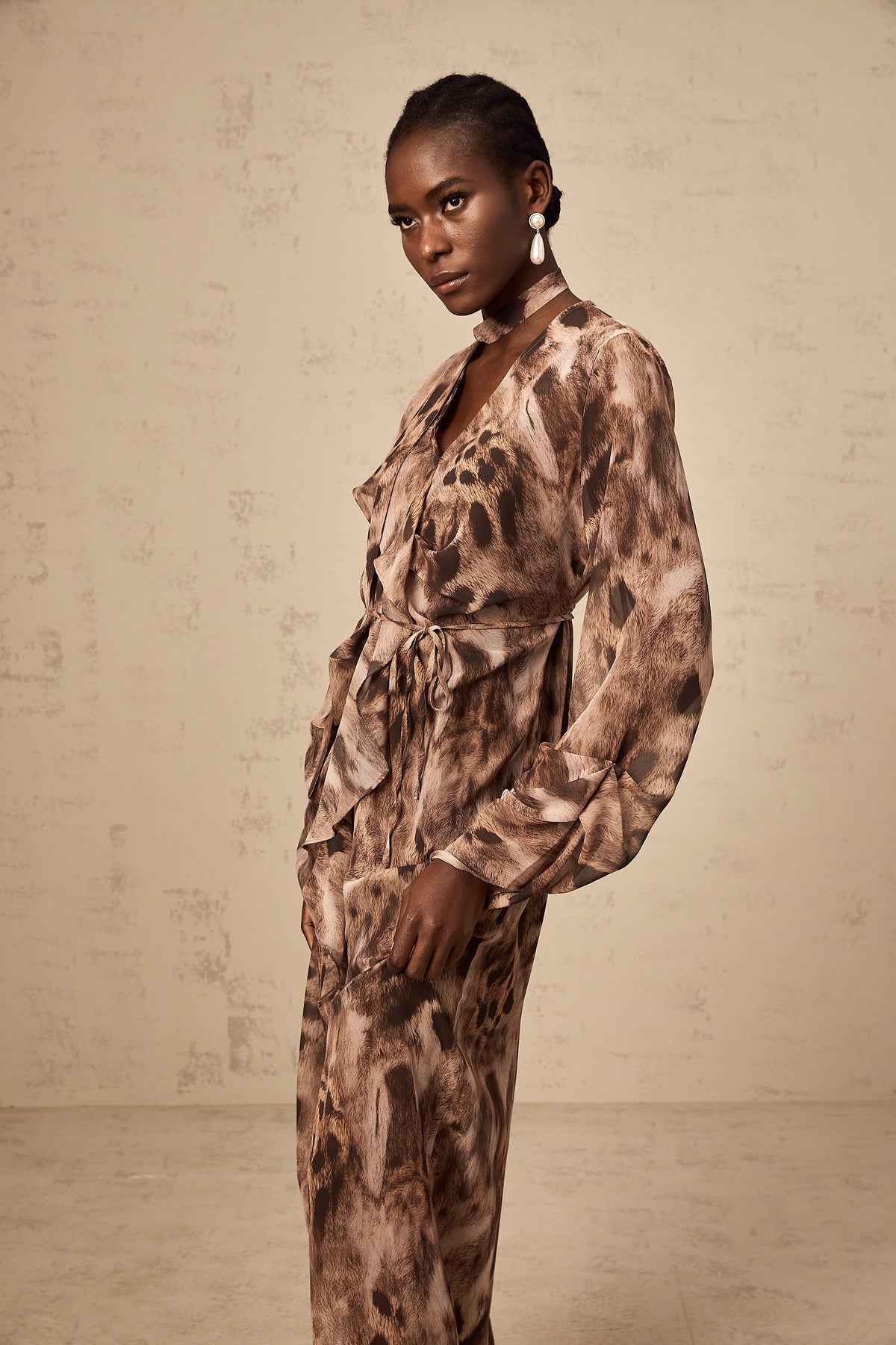 Sidonie brown ruffled leopard-print midi dress