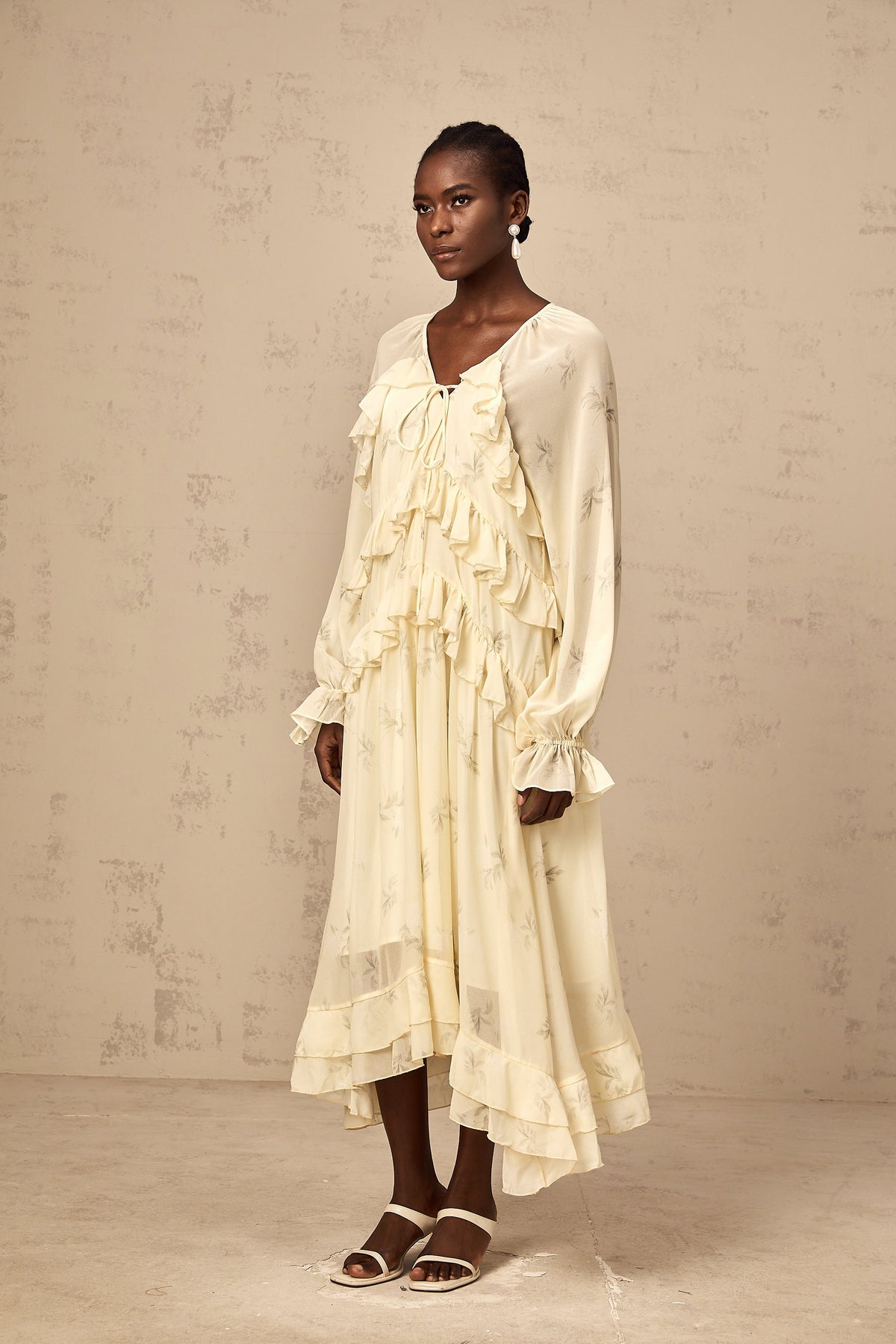 Oriane yellow floral-print ruffled chiffon midi dress