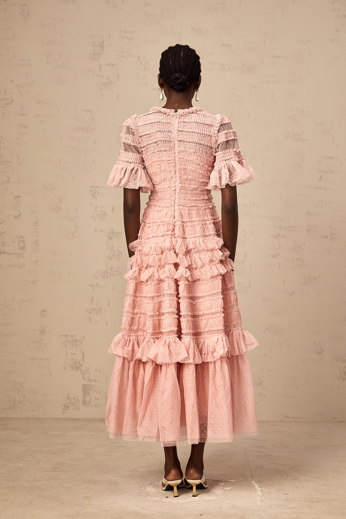 Aimée pink dot-detail ruffled tulle midi dress