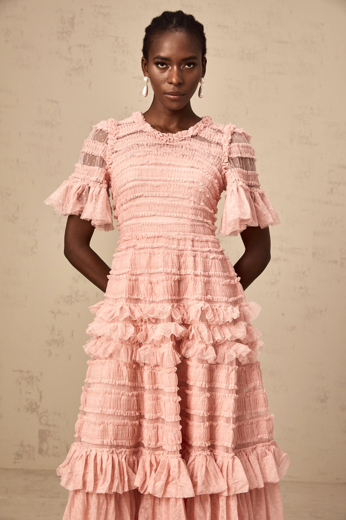 Aimée pink dot-detail ruffled tulle midi dress