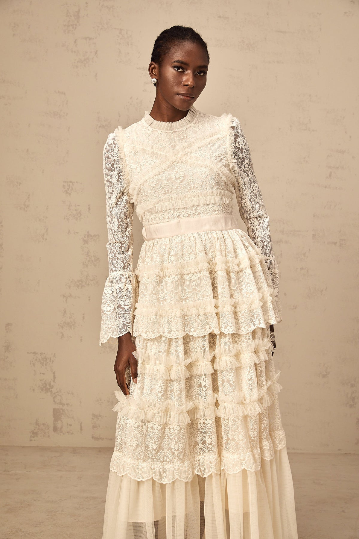 Agnès neutrals lace-panel ruffled tulle maxi dress